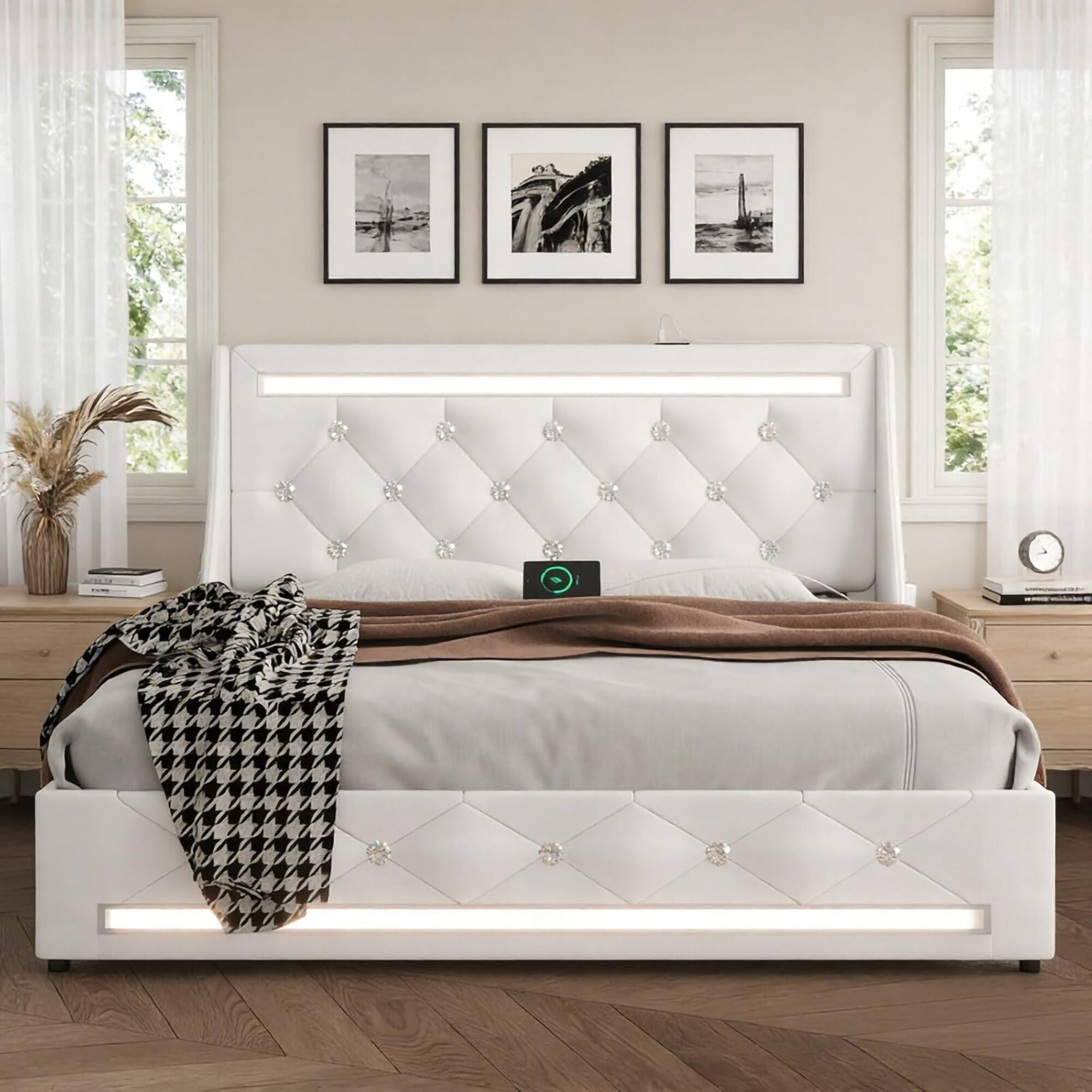 Front. LUCKY ONE - Queen Size Bed Frame with Wingback Upholstered Headboard and 2 Storage Drawers - White.