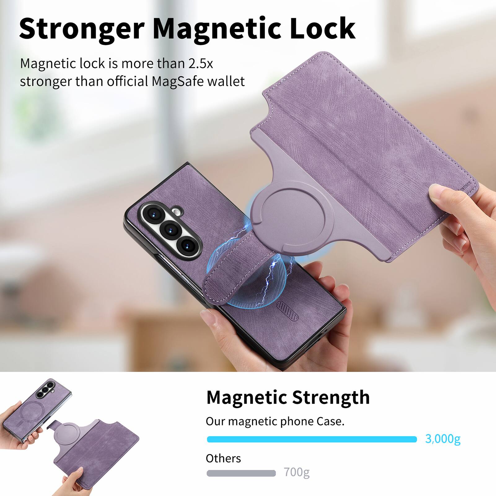 Stronger Magnetic Lock

Magnetic lock is more than 2.5x stronger than official MagSafe wallet

Magnetic Strength

Our magnetic phone Case. 3,000g

Others 700g