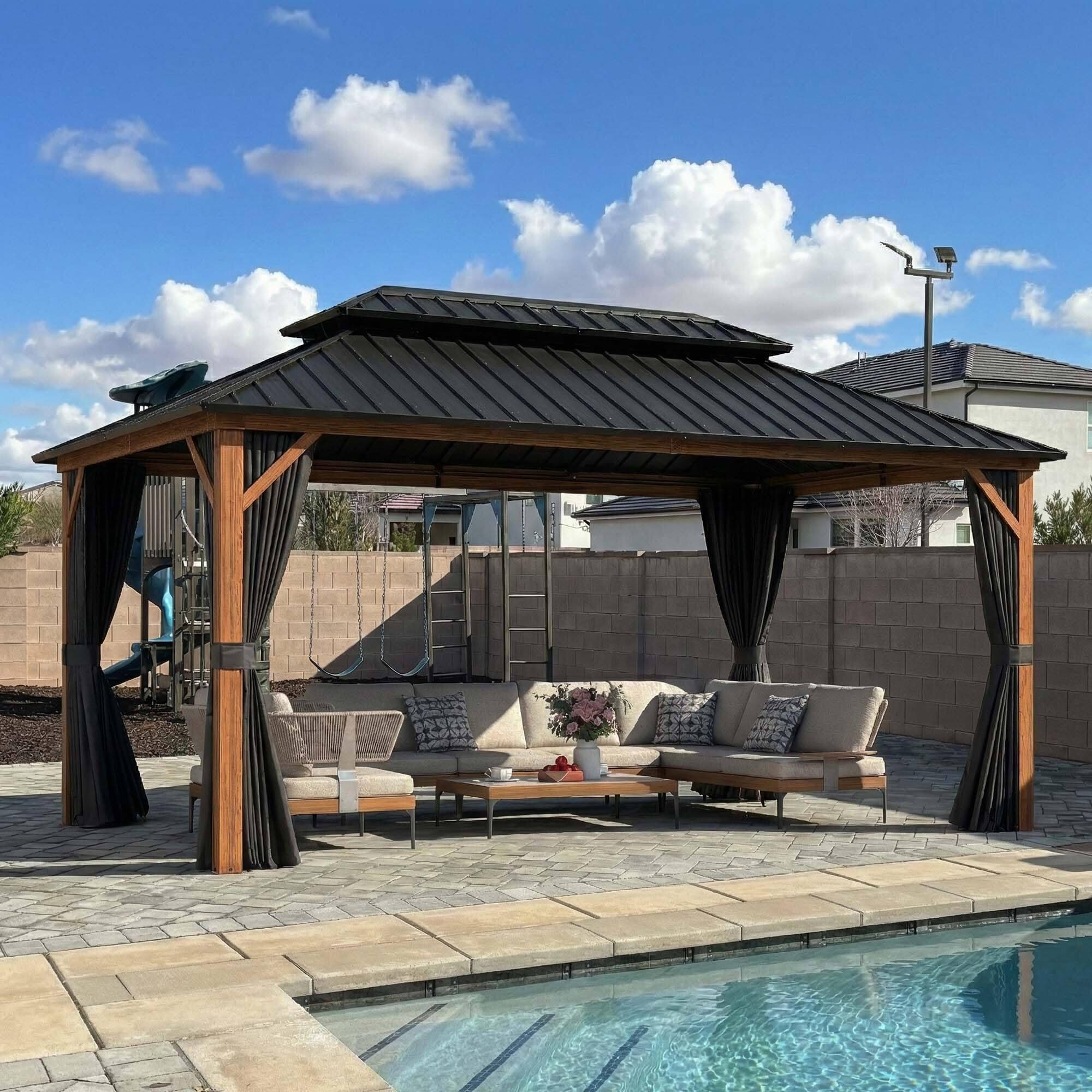 Angle. PURPLE LEAF - 10' X 16' Outdoor Aluminum Wood Grain Hardtop Gazebo with Galvanized Steel Double Roof with Netting and Curtains - 10' X 16'.