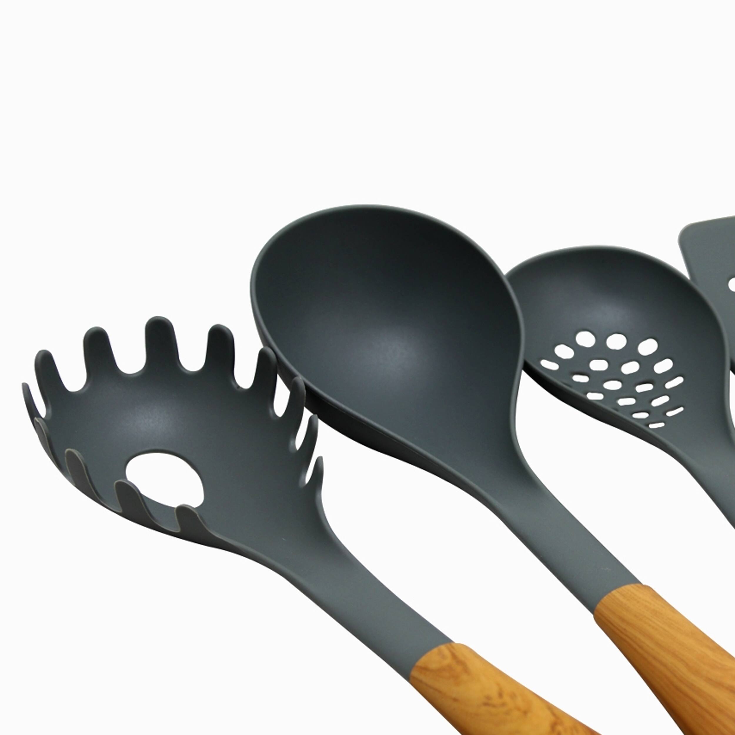 Alt View 1. Oster - Oster Everwood Kitchen Nylon Tools Set with Wood Inspired Handles, Set of 5 - Grey.