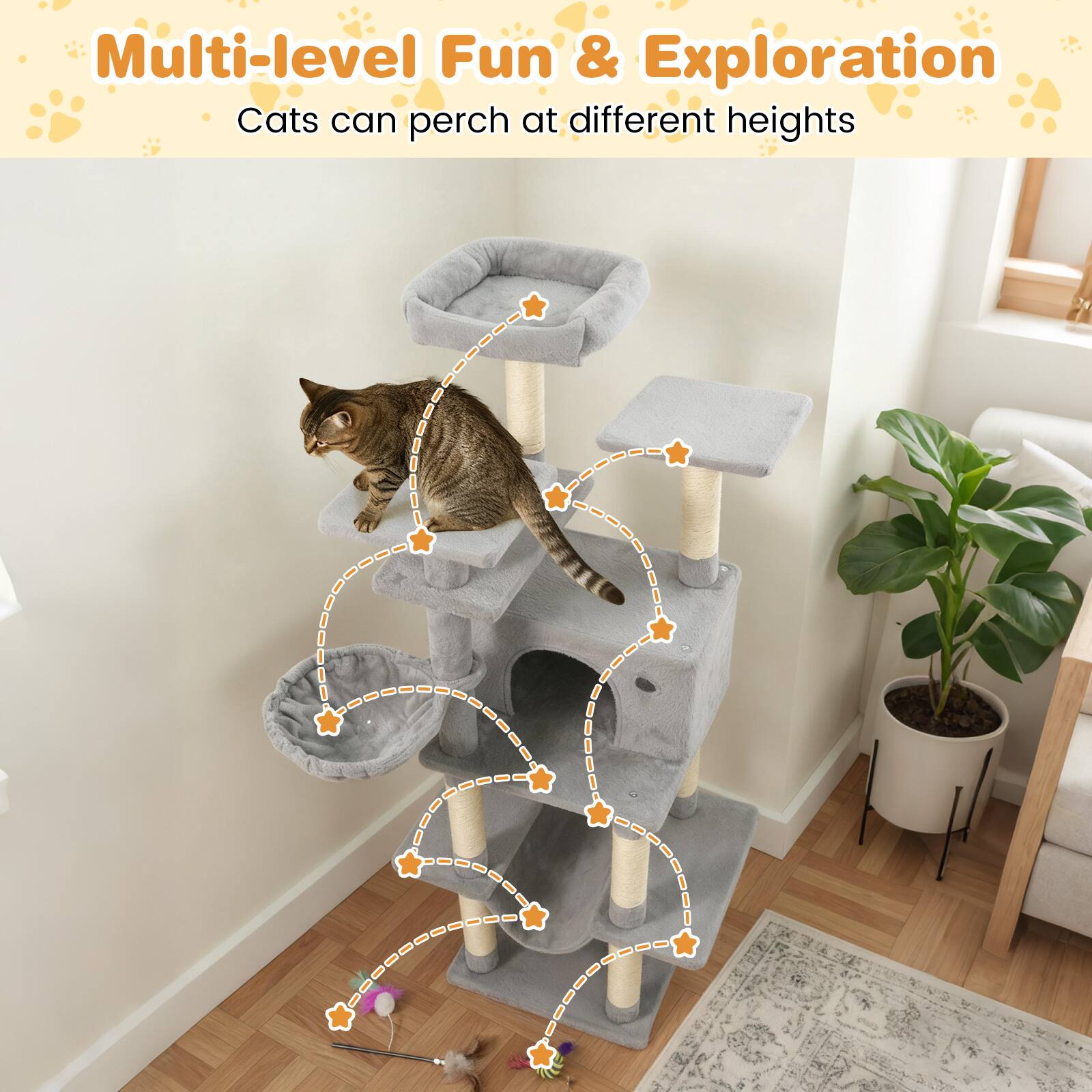 Multi-level Fun & Exploration  
Cats can perch at different heights