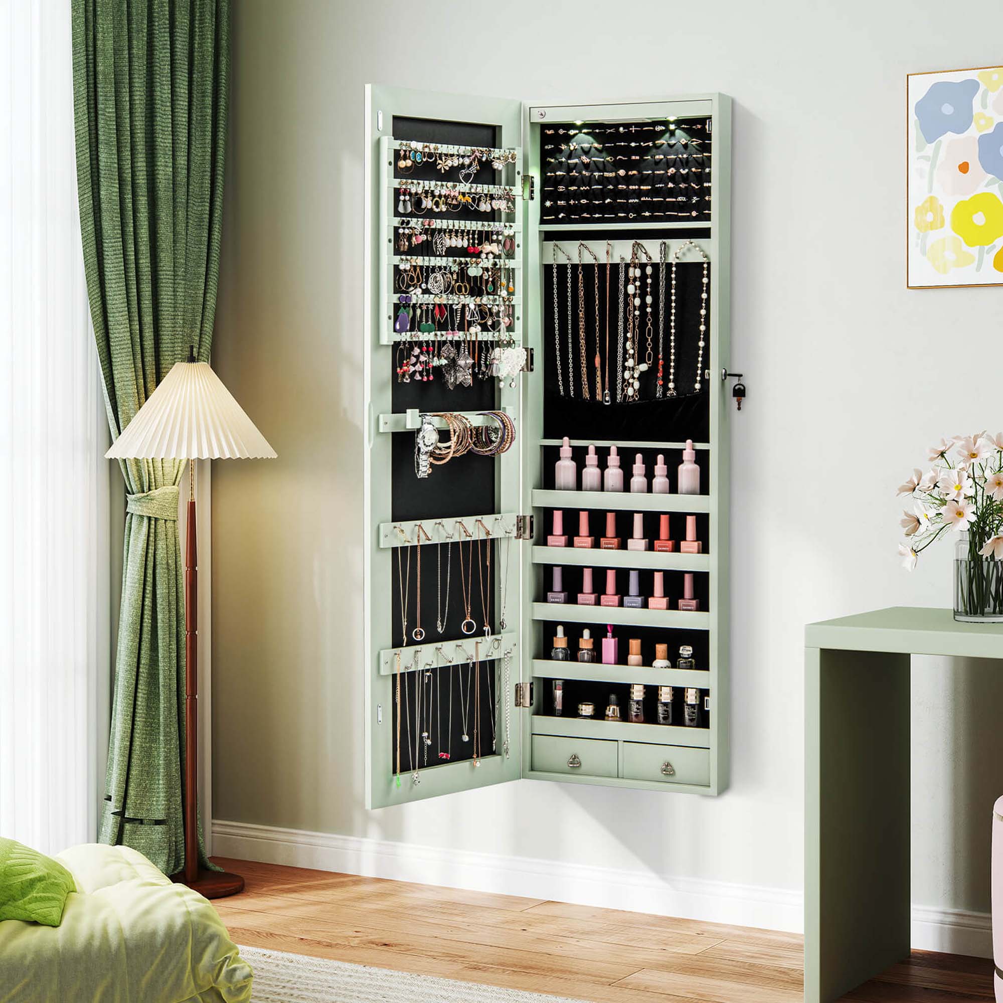 Alt View 1. Costway - Costway Mirrored Wall & Door Mounted Jewelry Cabinet Storage Organizer with Lights&Drawer - Green.