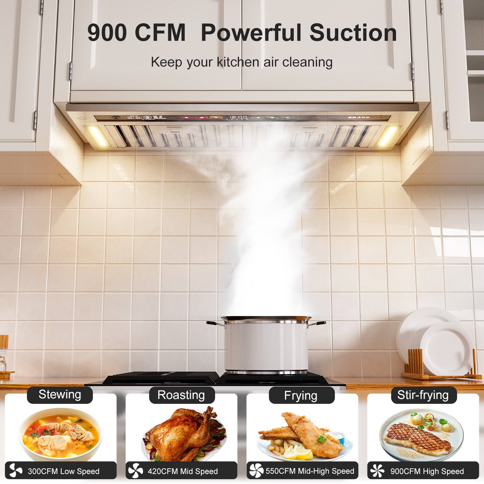 900 CFM Powerful Suction  
Keep your kitchen air cleaning  

Stewing  
300CFM Low Speed  

Roasting  
420CFM Mid Speed  

Frying  
550CFM Mid-High Speed  

Stir-frying  
900CFM High Speed