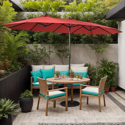 Front. Kadyn - 15 Feet Double Sided Twin Patio Umbrella with Crank and Base Red Outdoor Table Umbrella Yard Umbrella Outdoor Patio Umbr - Red.