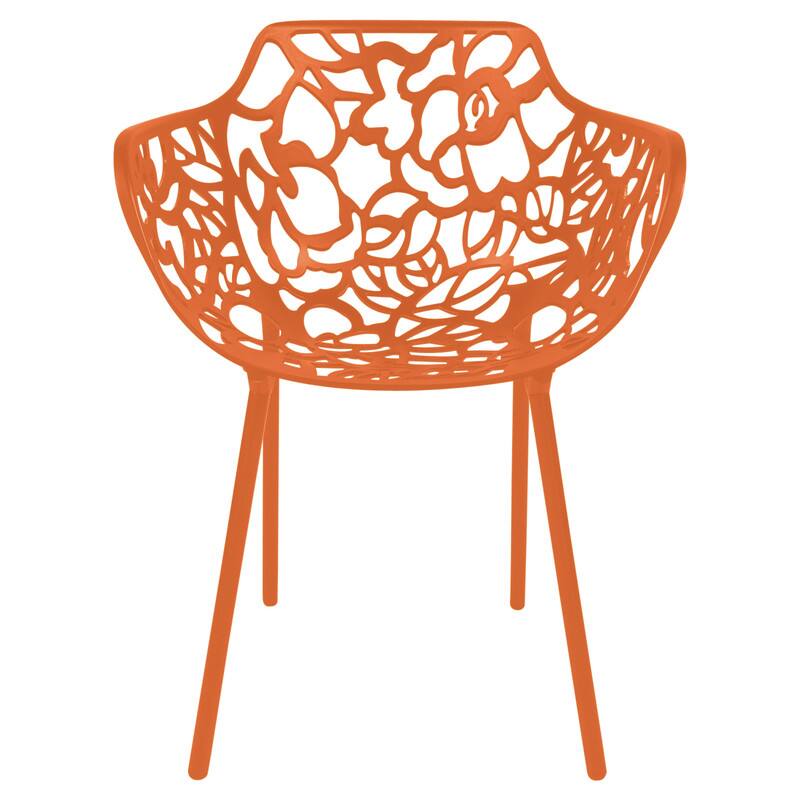 Left. LeisureMod - Devon Stackable Aluminum Dining Chair with Floral Cutout Design Side Chair for Indoor Outdoor - Orange.