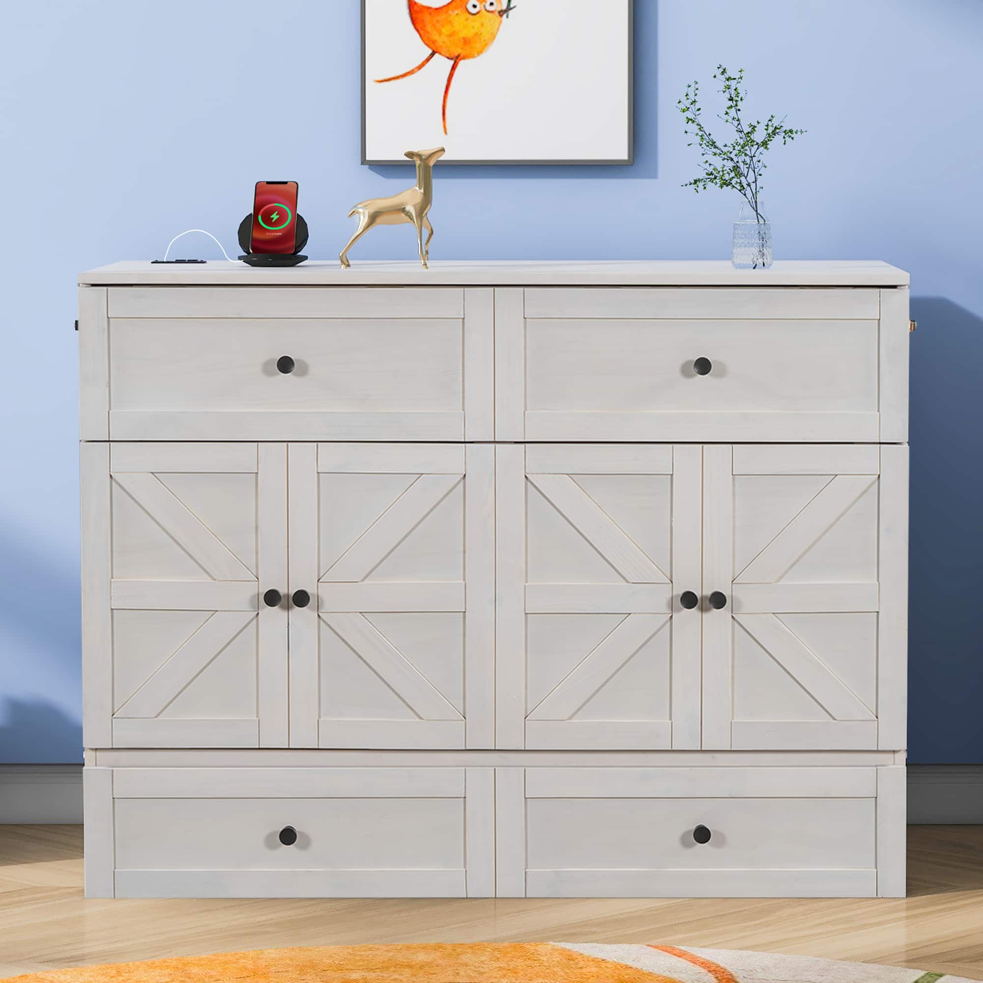 Tiramisubest - Full Size Murphy Bed, Brushed White, Plywood, w/ Large Drawers & USB Ports - White