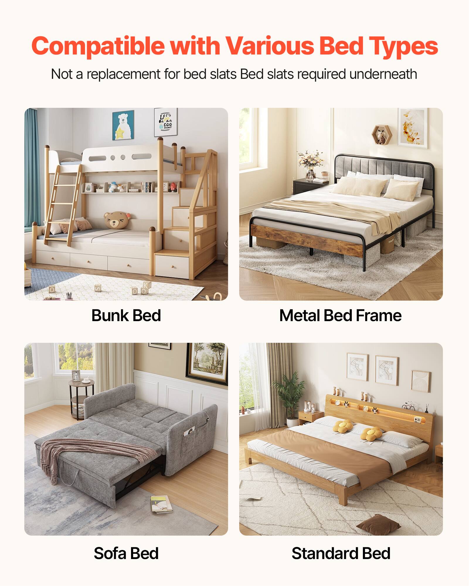 Compatible with Various Bed Types  
Not a replacement for bed slats. Bed slats required underneath  

Bunk Bed  
Metal Bed Frame  
Sofa Bed  
Standard Bed