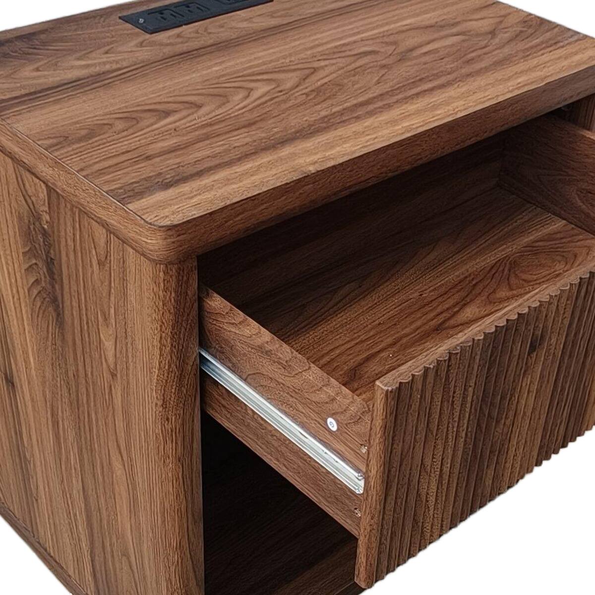 Alt View 4. Loheer - Loheer Wide Walnut Nightstand with Drawer and Open Compartment - Walnut.