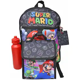 UPD - Super Mario 16" Backpack with lunch bag water bottle, carabiner clip & ID holder - Multicolored