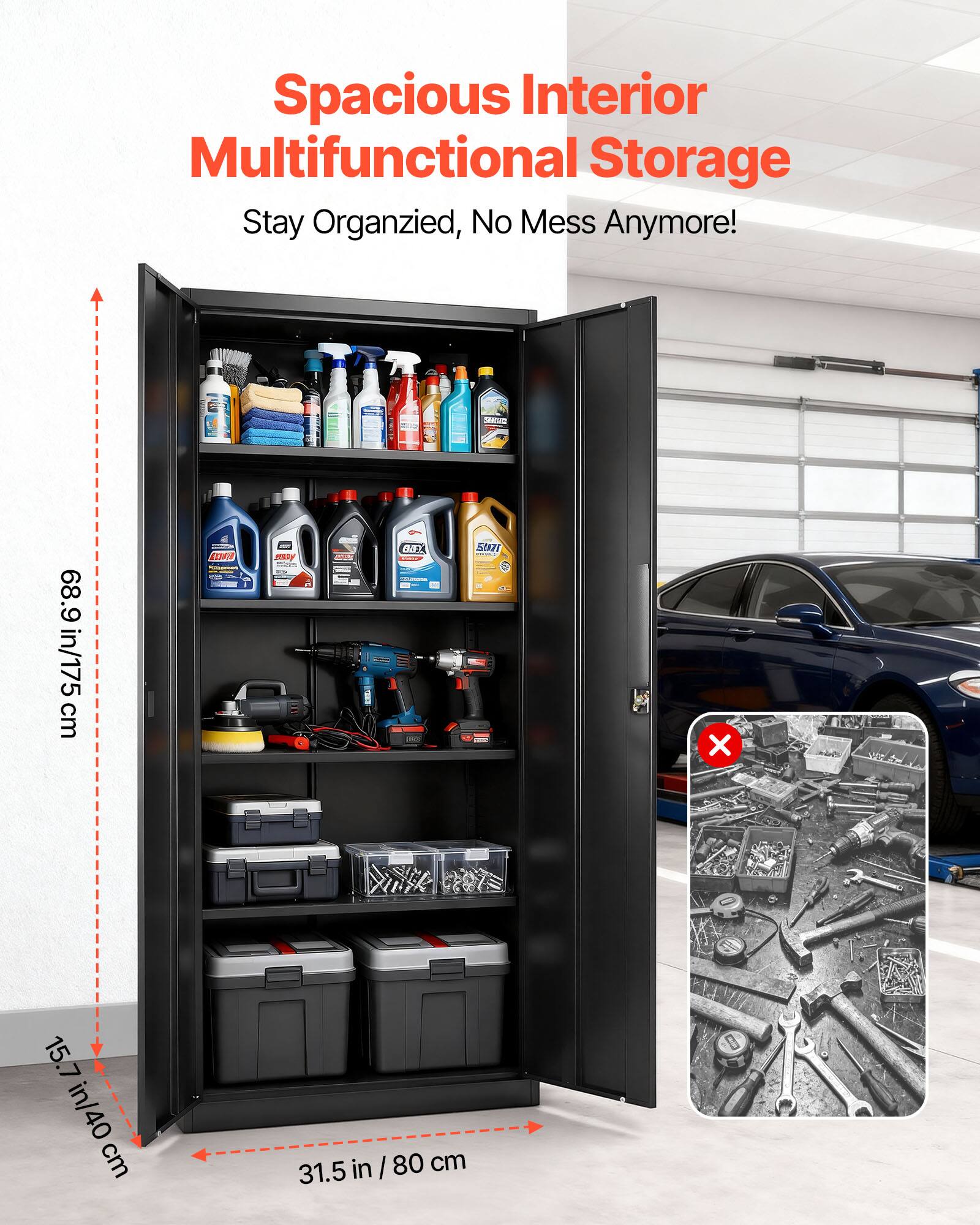 Spacious Interior Multifunctional Storage  
Stay Organized, No Mess Anymore!  

- Height: 68.9 in / 175 cm  
- Width: 31.5 in / 80 cm  
- Depth: 15.7 in / 40 cm