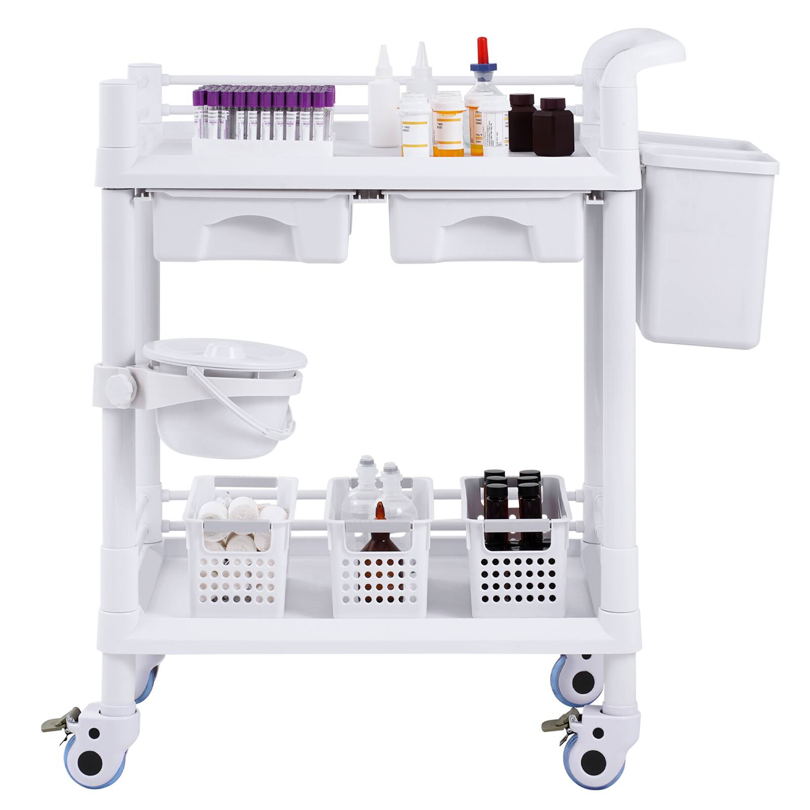 Alt View 5. VEVOR - 2 Tiers Lab Carts, Lab Cart with 2 Trays, 2 Drawers &4 Silent Wheels, Mobile Medical Cart with PP Material, 3 Trash Cans - White.