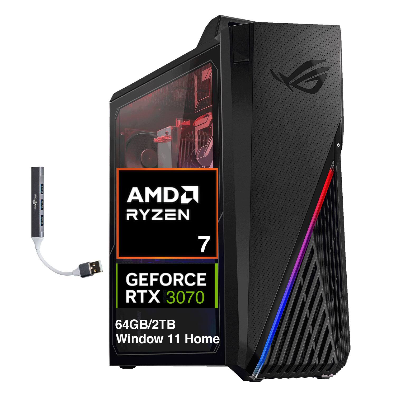 ASUS - Upgraded - ROG Strix GA15 Desktop PC (Ryzen 7 5800X, 64GB, 2TB SSD, RTX 3070, Bluetooth 5.1, Win 11 Home) w/USB Hub - Black