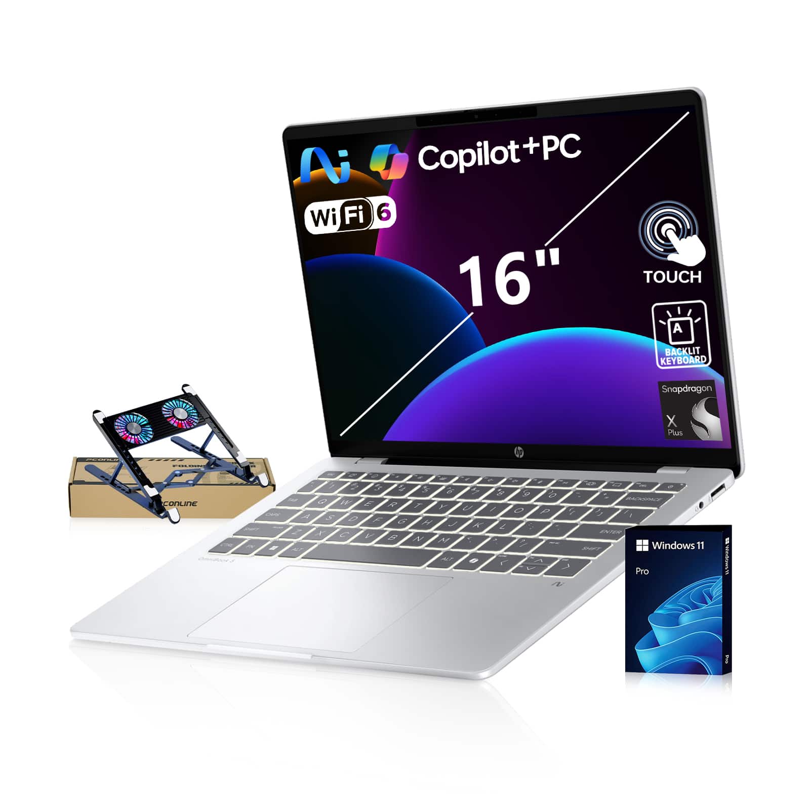 HP - OmniBook 5 16" FHD+ Touch Laptop - Qualcomm Snapdragon X Plus - 32GB RAM 2TB SSD - Copilot+ PC - PCO Laptop Cooler - Silver