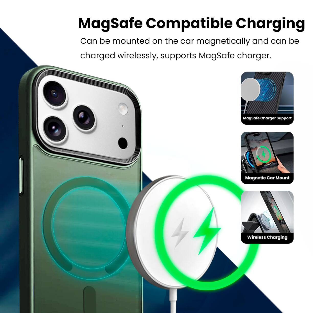 MagSafe Compatible Charging

Can be mounted on the car magnetically and can be charged wirelessly, supports MagSafe charger.

- MagSafe Charger Support
- Magnetic Car Mount
- Wireless Charging