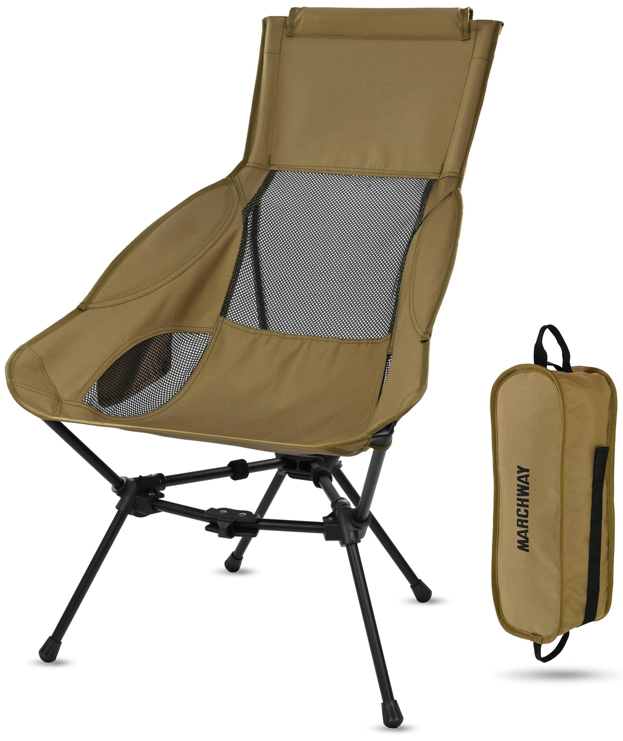 Front. JETRANSPORT - Lightweight Folding High Camping Chair With Head Support Stable Portable Compact For Outdoor Camp Travel - Highback Khaki.