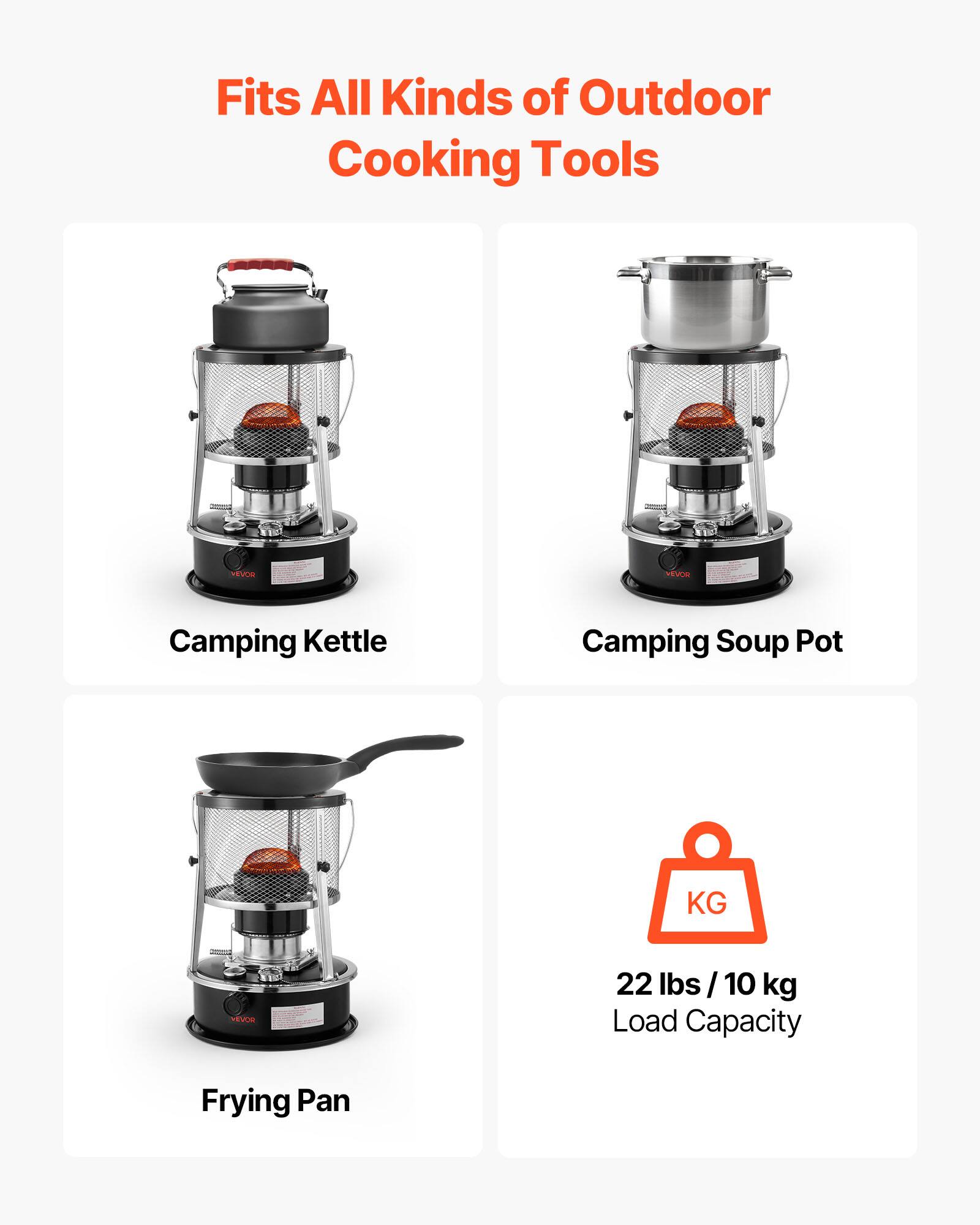 Fits All Kinds of Outdoor Cooking Tools

- Camping Kettle
- Camping Soup Pot
- Frying Pan

22 lbs / 10 kg Load Capacity