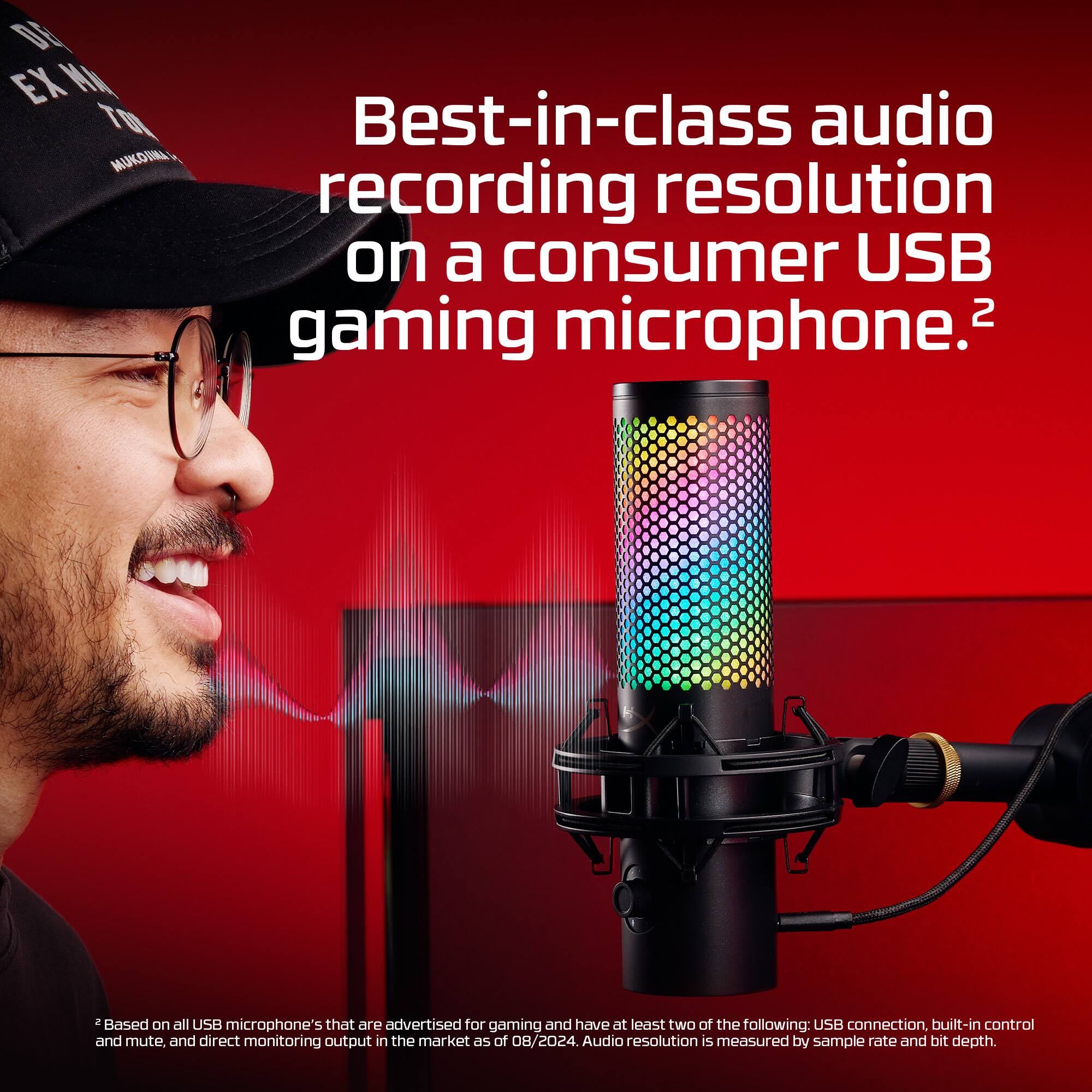 Best-in-class audio recording resolution on a consumer USB 2 gaming microphone.2 Based on all USB microphones that are advertised for gaming and have at least two of the following: USB connection, built-in control and mute, and direct monitoring output in the market as of OB/ 2024. Audio resolution is measured by sample rate and bit depth.