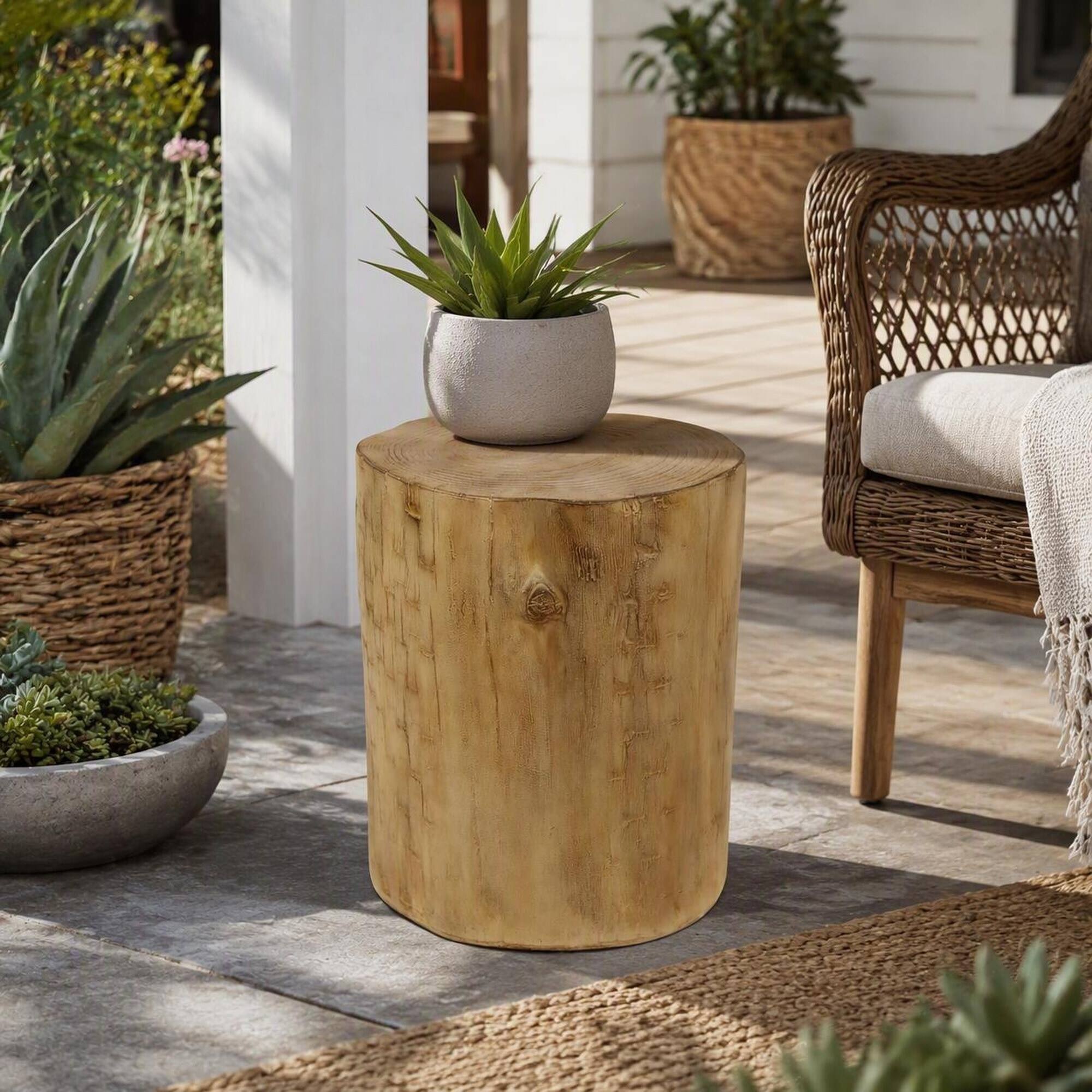 Left. RYHNUYNE - Outdoor 14.25" Accent Side Table, Hand‑Painted Faux Wood Stump End Table For Patio Backyard Decor - Light Brown.