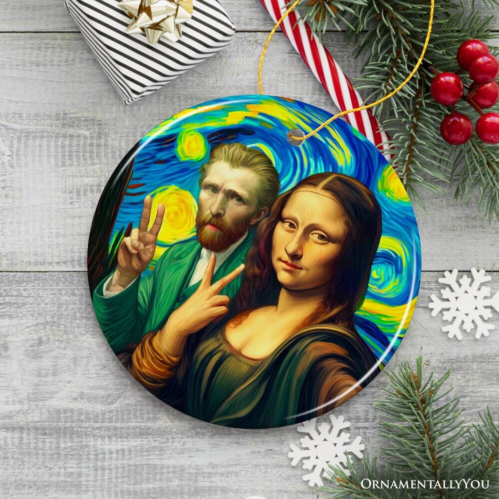 Back. OrnamentallyYou - Mona Lisa And Vincent Van Gogh Starry Night Date Selfie Ceramic Ornament Art Decor And Souvenir - Multi-colored.