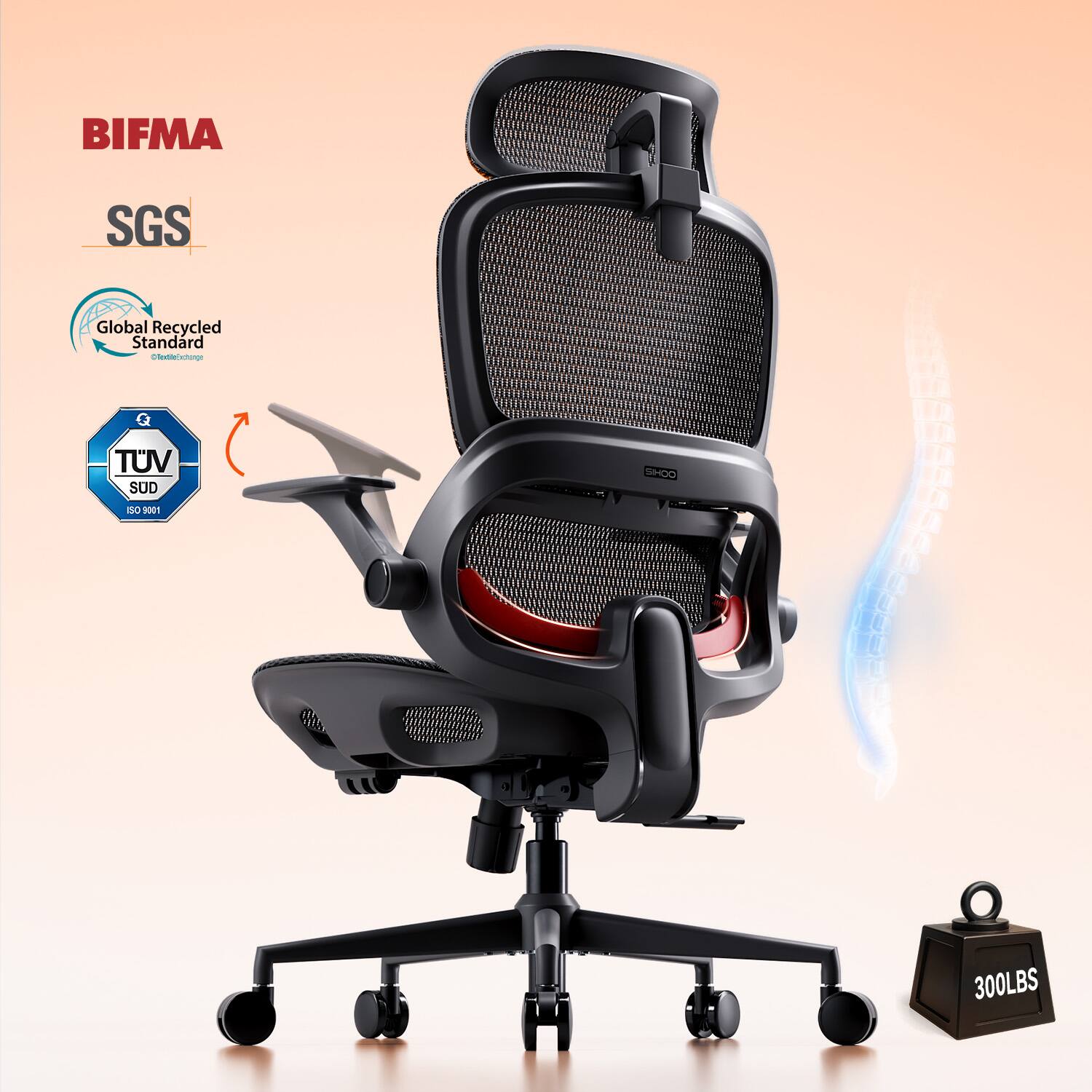 BIFMA  
SGS  
Global Recycled Standard  
TÜV SÜD ISO 9001  
300LBS