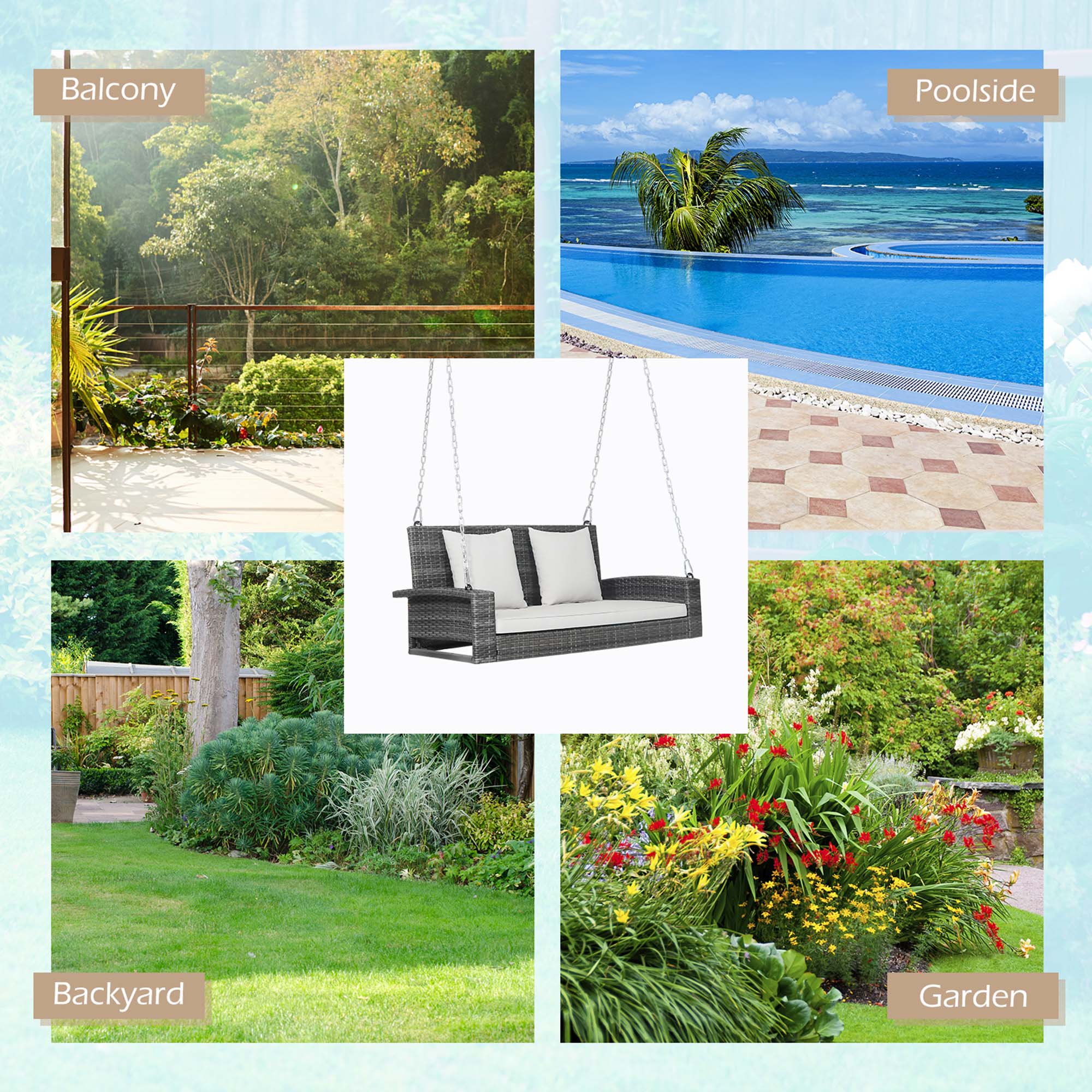 Alt View 7. Gymax - Gymax 2-Person Patio Hanging Porch Swing Rattan 800LBS Swing Bench w/ Off White Cushions - Off White.