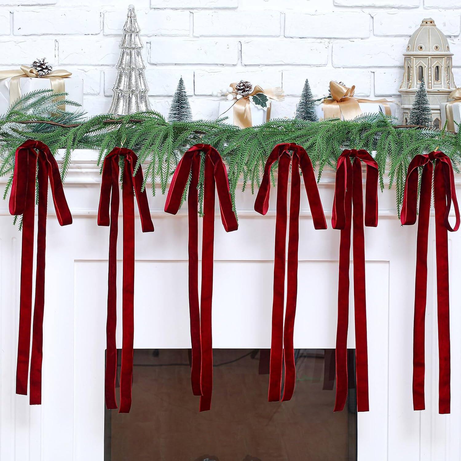Angle. Acteck - Red Long Velvet Bows Ornaments for Christmas Tree, Wreath, Garland, Swag, Staircase, Fireplace, Door - Red.