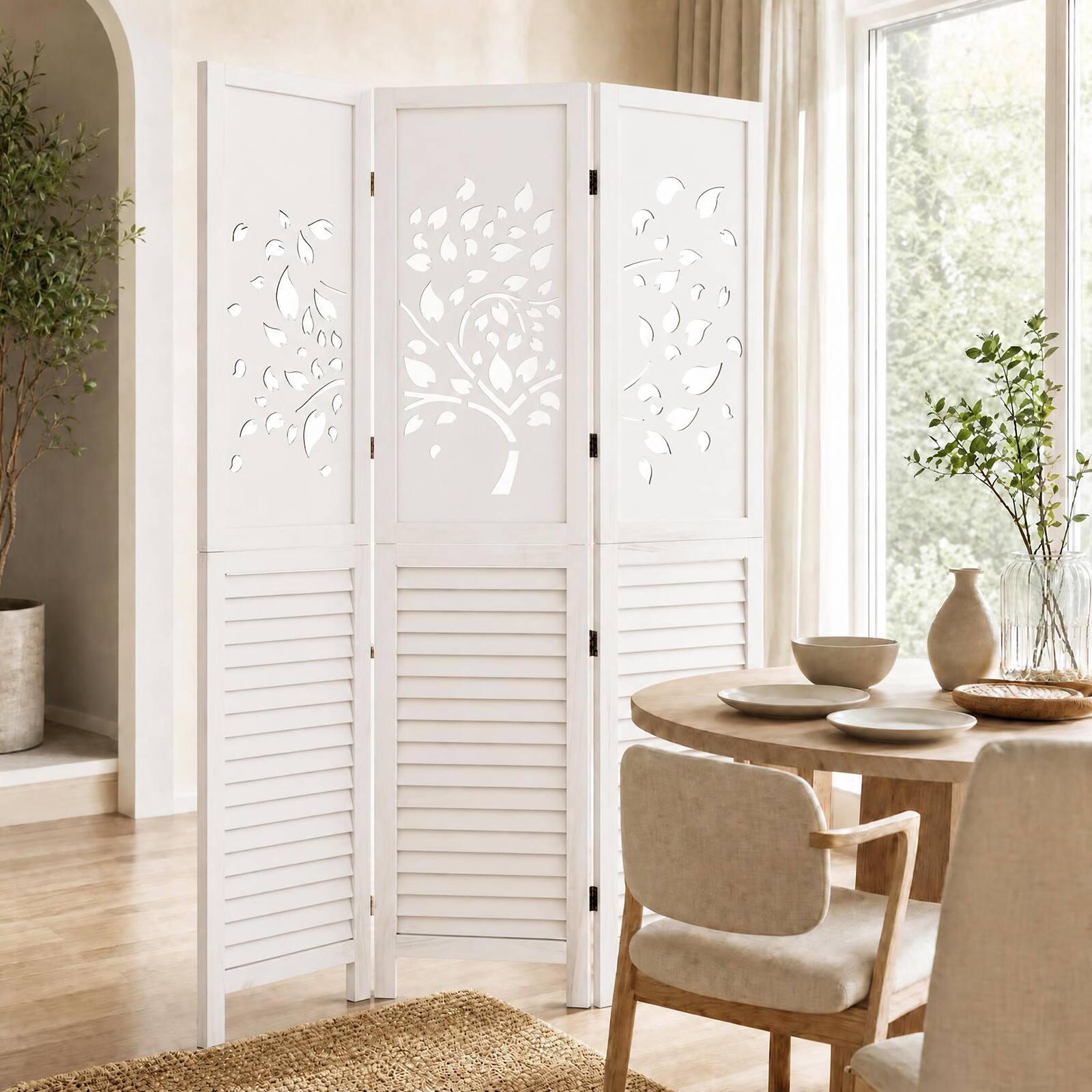 Alt View 4. Costway - Costway 67" Folding Room Divider, 3 Panel Wooden Privacy Screen with Tree & Leaves Cutout - White.