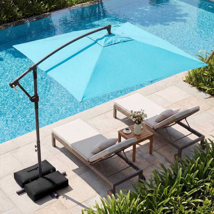 Back. Mondawe - 8x8 FT Offset Cantilever Square Patio Umbrella 360 Rotation with Base - Turquoise.