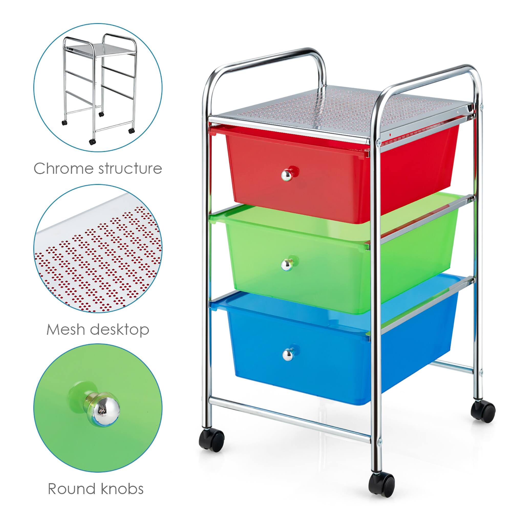 The image features a red cart with a chrome structure and mesh desktop. The cart has three stacked bins, each with a different color, and round knobs for easy access. The cart is designed for efficient storage and organization of various items.