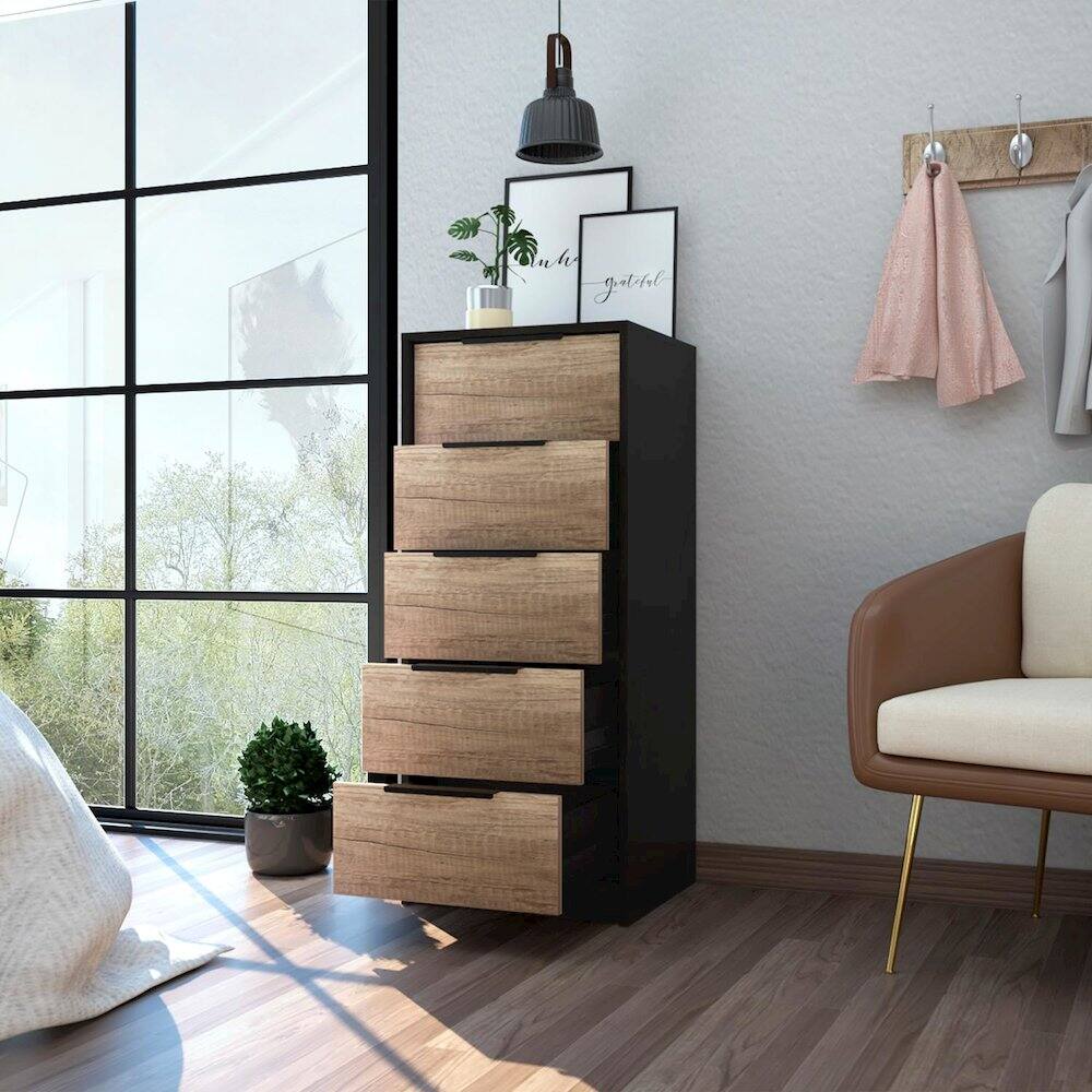 Alt View 4. TuHome - Kaia 5 Drawer Dresser, Vertical Dresser - Black / Pine.