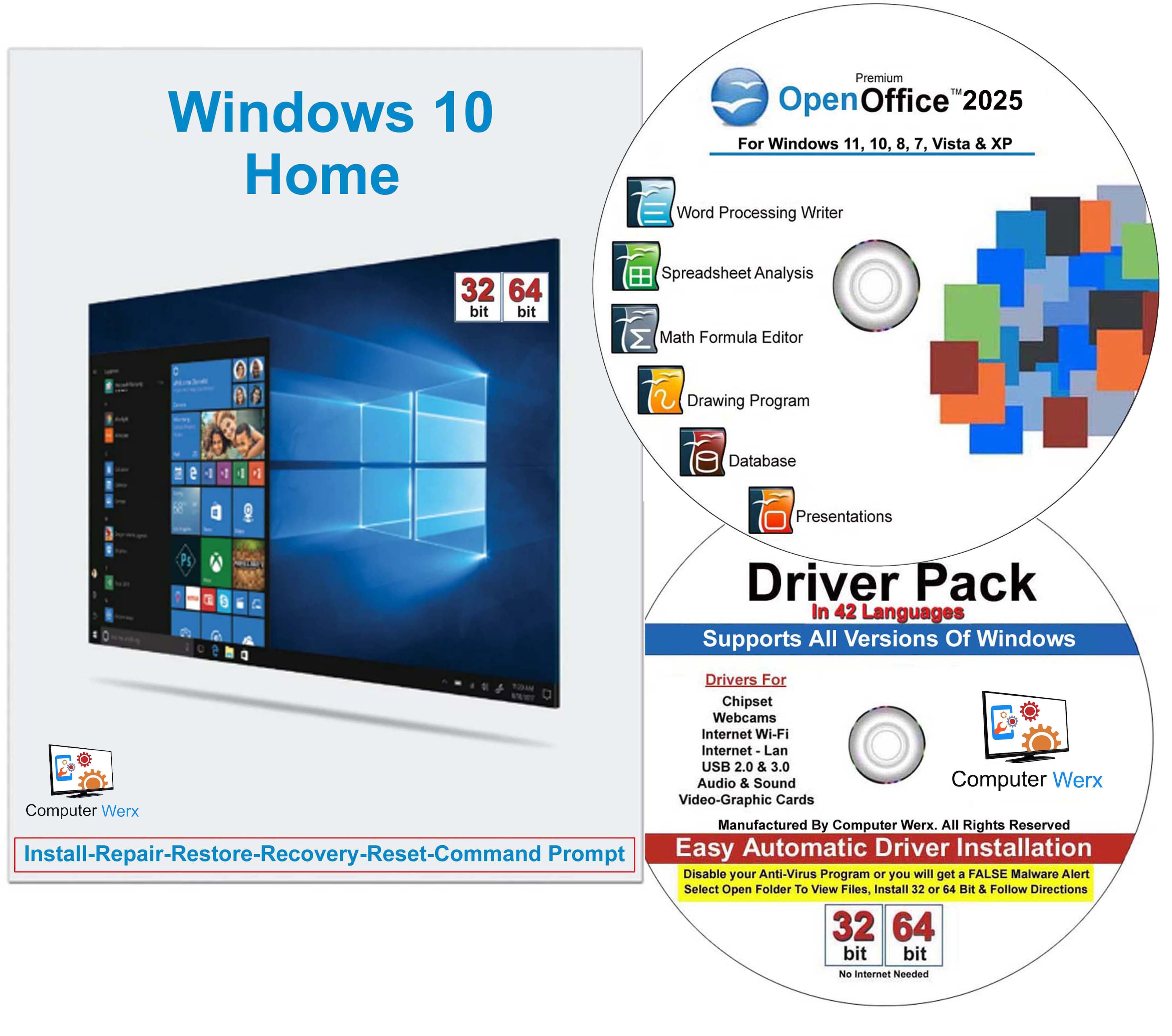 Computer Werx - Windows 10 Home 32/64 bit Repair Recover Restore Reinstall DVD with Key, Windows Drivers & Open Office 2025 - Windows