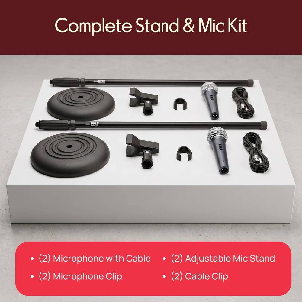 Complete Stand & Mic Kit

PYLE HELAURE
PYLE ROADO

- (2) Microphone with Cable
- (2) Microphone Clip
- (2) Adjustable Mic Stand
- (2) Cable Clip