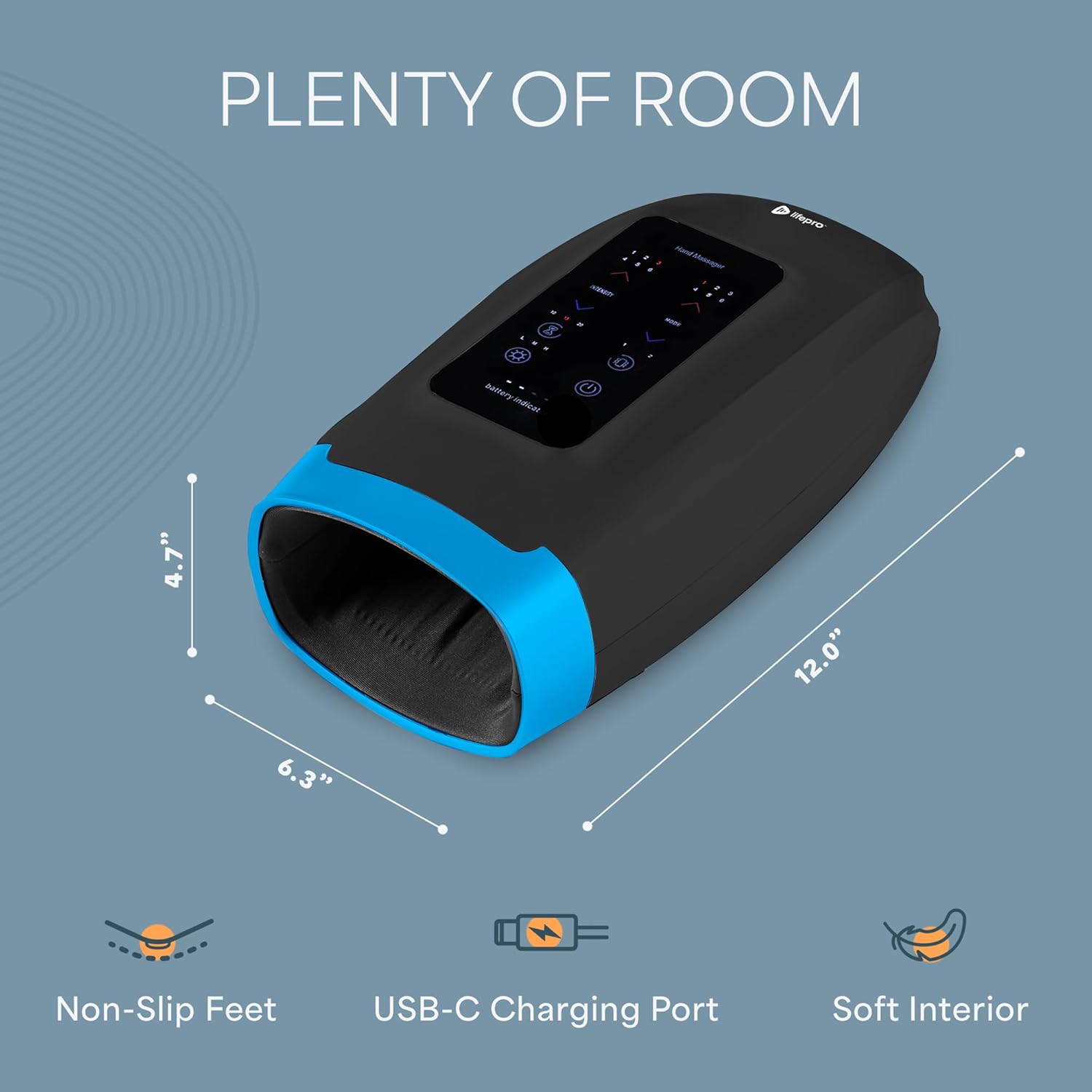 PLENTY OF ROOM

- M MeT I 22 aasters ENtia - 2 . a - 4.7" 12.0" 6.3" Non-Slip Feet USB-C Charging Port Soft Interior