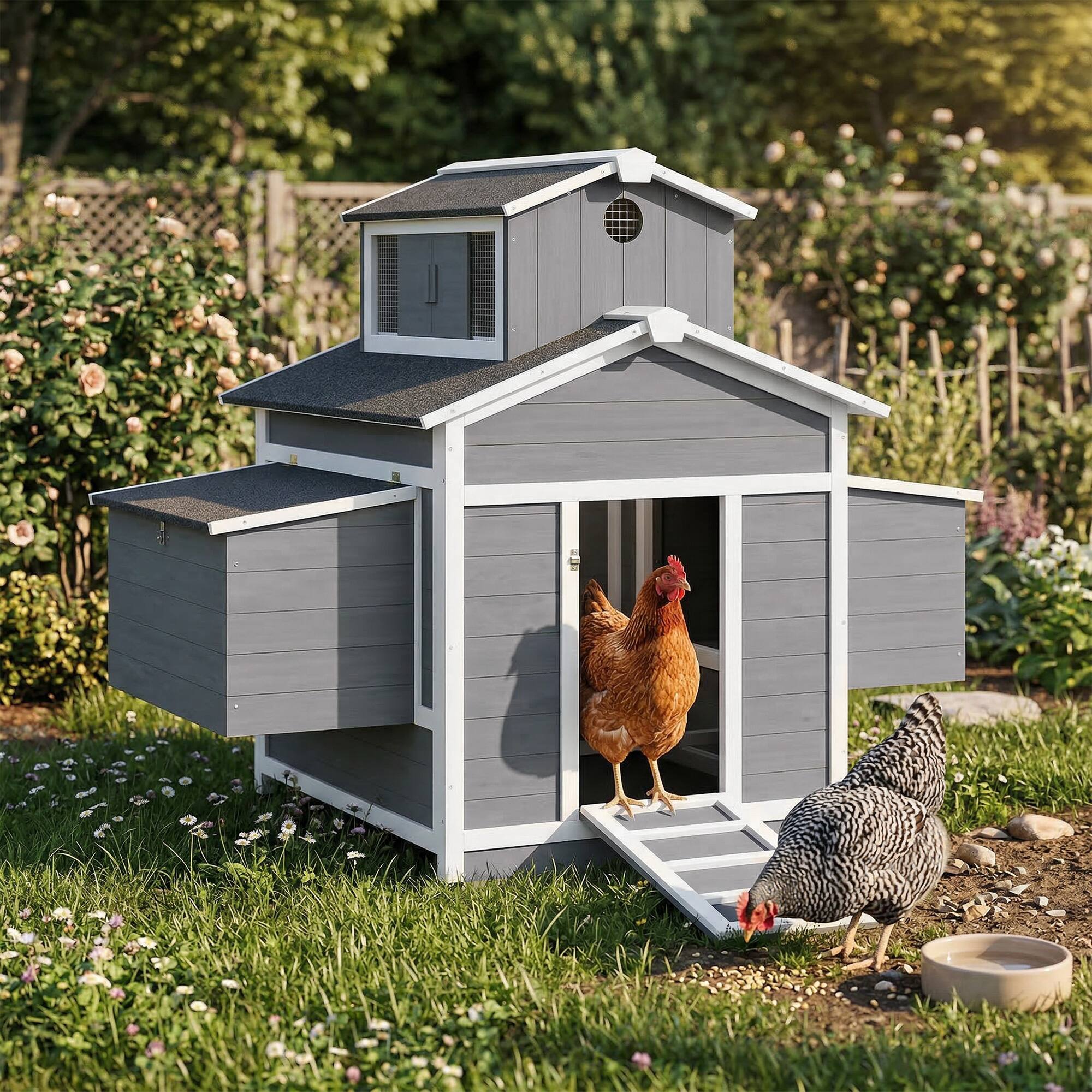 Alt View 1. Pawhut - Coop for 2 Chickens, Wooden Hen House with Nesting Box, Pull-Out Tray - Gray.