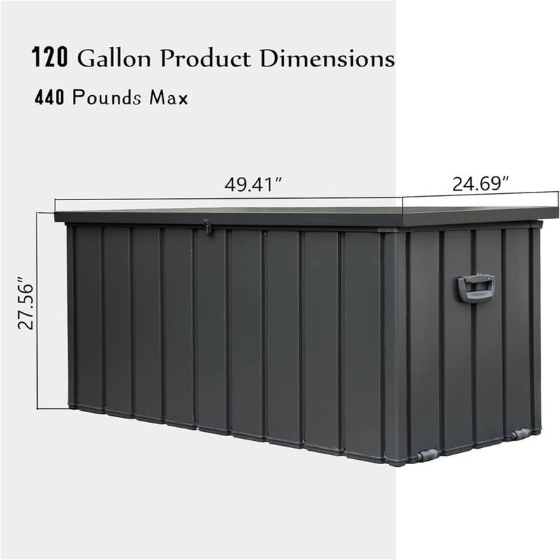 120 Gallon Product Dimensions  
440 Pounds Max  
49.41" x 24.69" x 27.56"