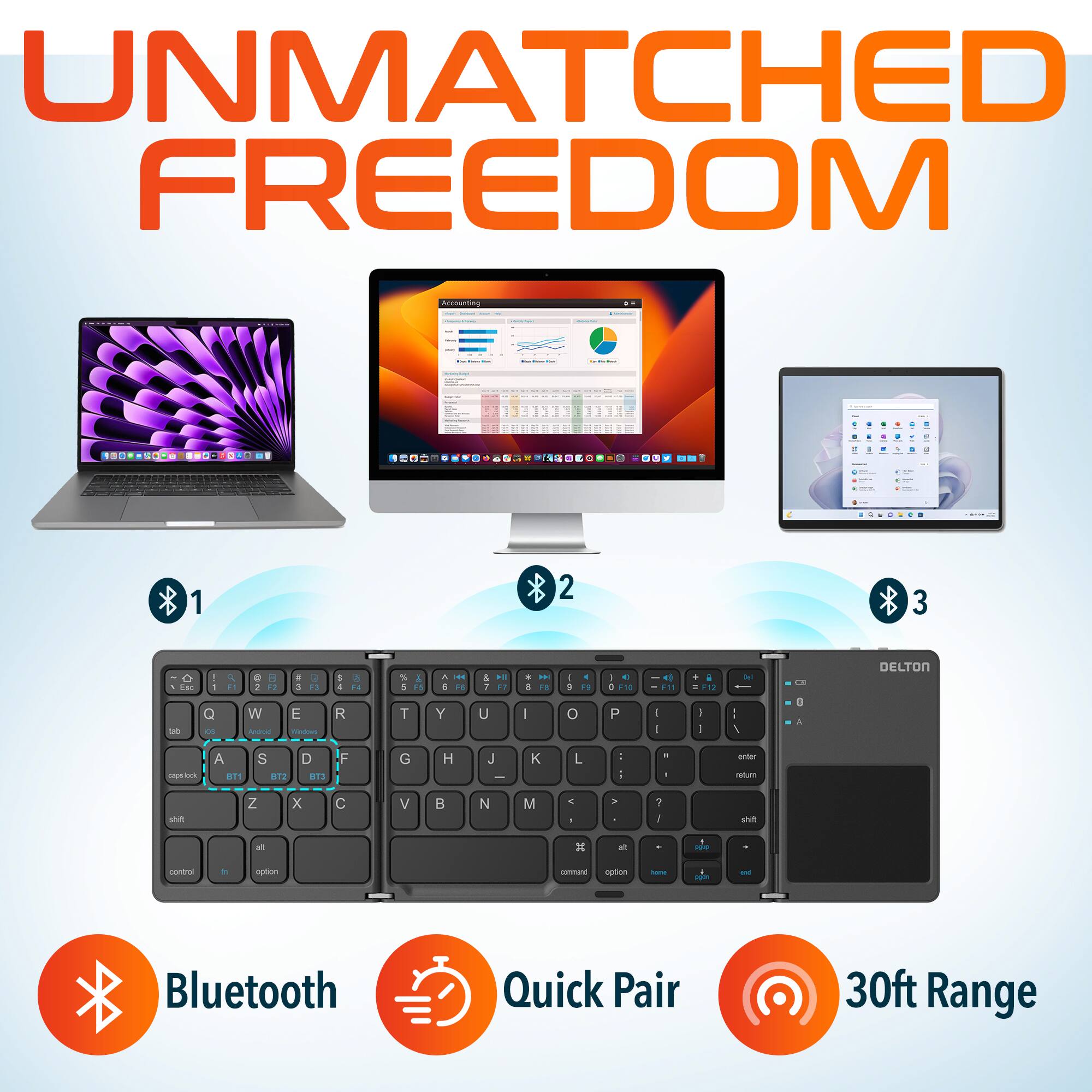 UNMATCHED FREEDOM

1. Bluetooth
2. Quick Pair
3. 30ft Range