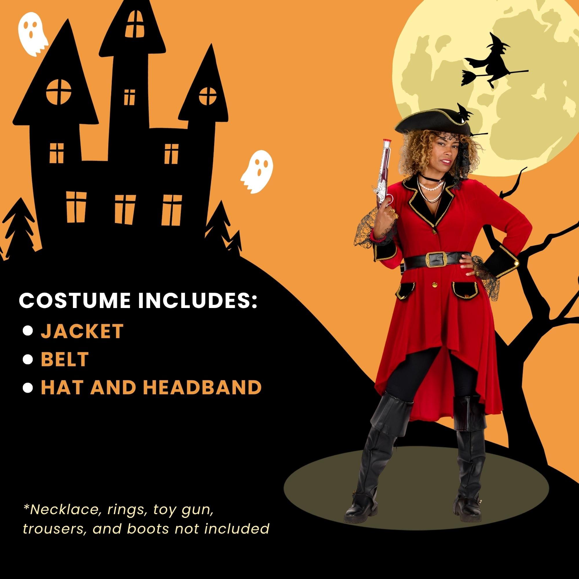 COSTUME INCLUDES:  
- JACKET  
- BELT  
- HAT AND HEADBAND  

*Necklace, rings, toy gun, trousers, and boots not included