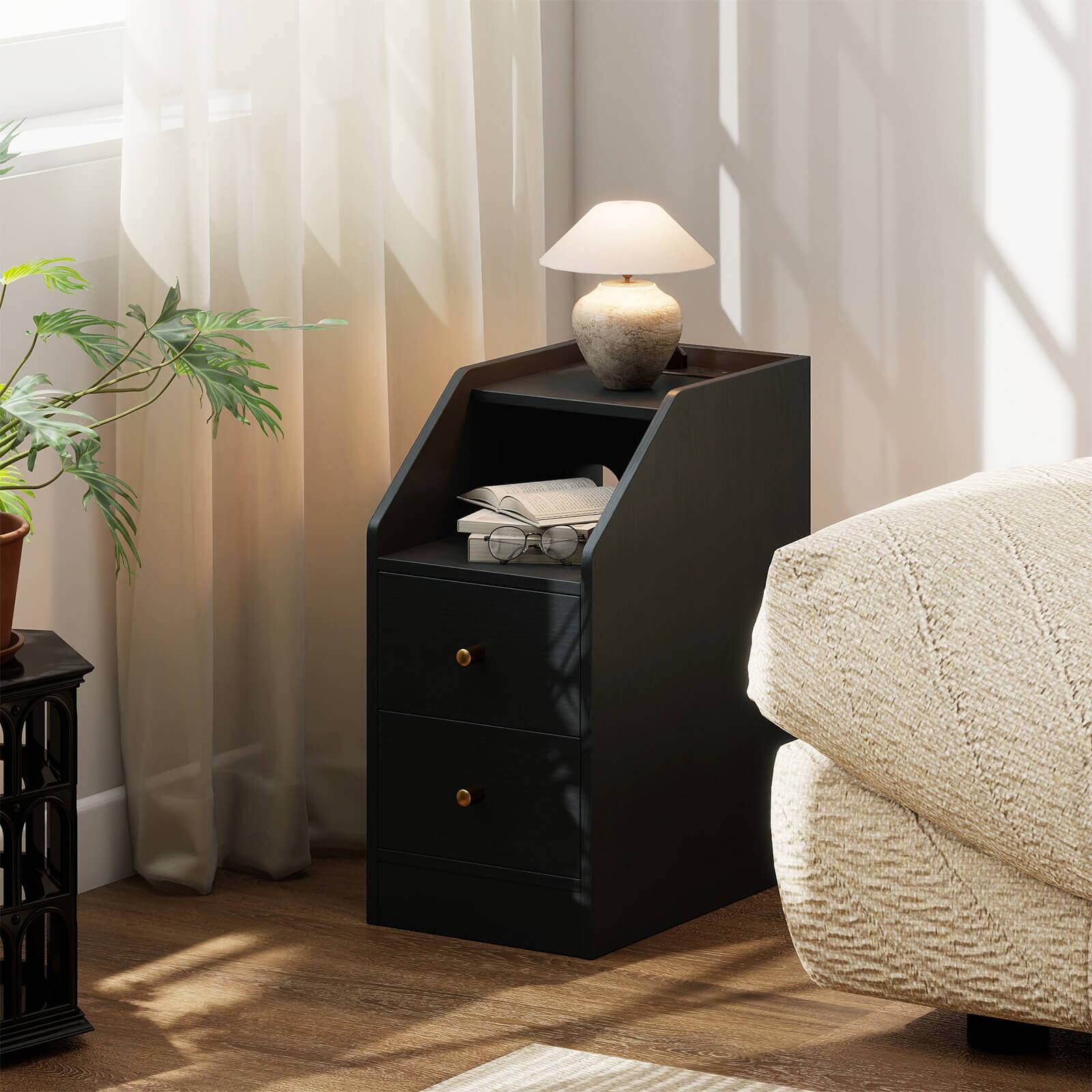 Alt View 1. Costway - Costway Side Table with Charging Station, Storage Drawers, Sofa Couch Table for Small Space - Black.