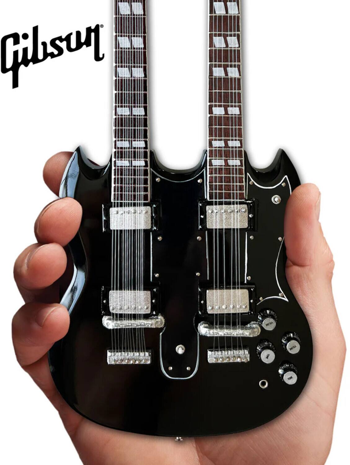 Alt View 2. Axe Heaven - Guns N' Roses - Axe Heaven Slash Gibson 1966 EDS-1275 Doubleneck Aged Black Mini Electric Guitar - Collectibles - Multicolor.