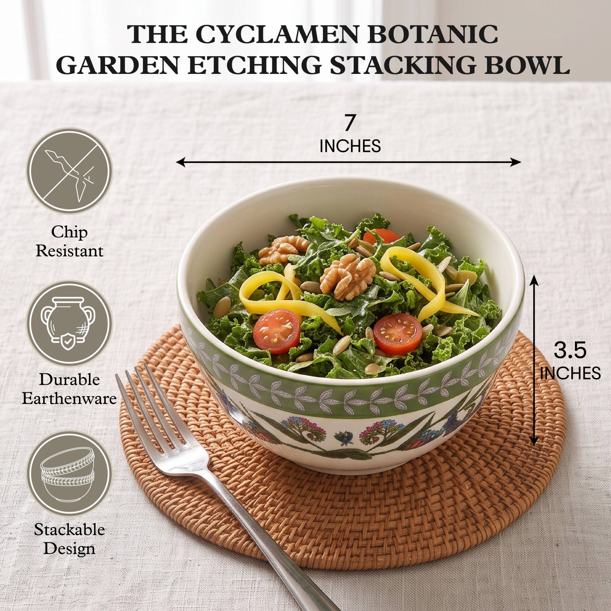 THE CYCLAMEN BOTANIC GARDEN ETCHING STACKING BOWL

7 INCHES

Chip Resistant

Durable Earthenware

3.5 INCHES

Stackable Design