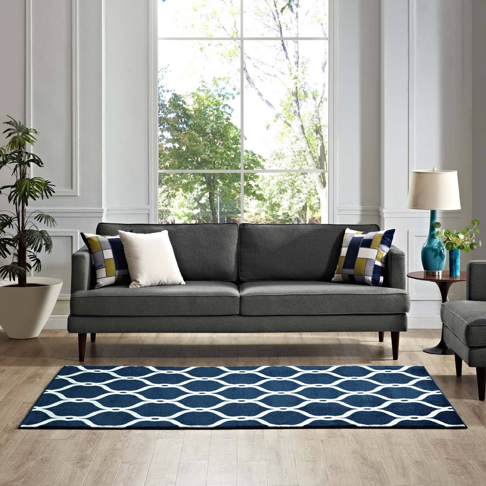 Left. Modway - Beltara Chain Link Transitional Trellis Area Rug - Moroccan Blue and Ivory.