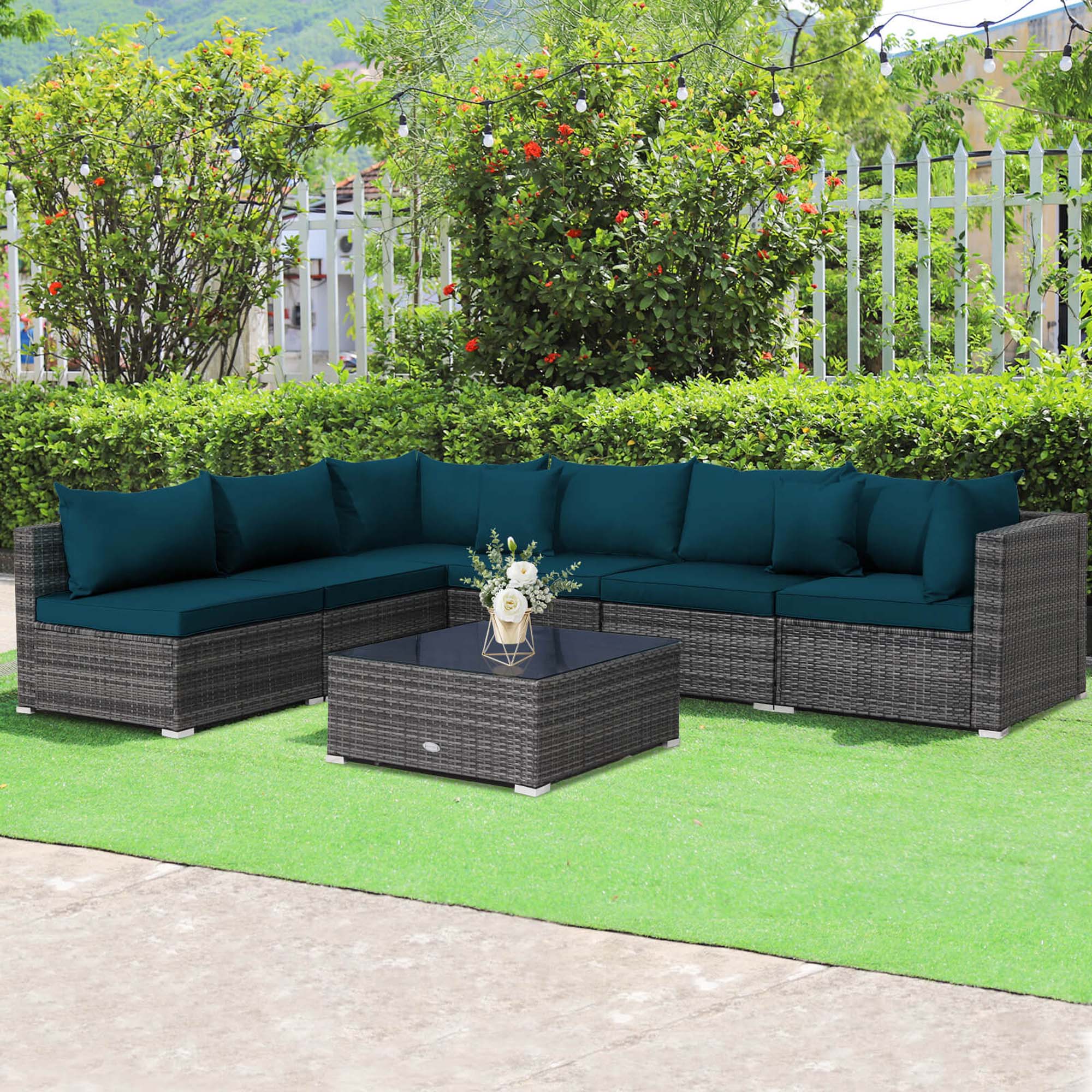 Alt View 3. Costway - 7PCS Patio Rattan Furniture Set Sectional Sofa Cushioned Garden Peacock - Peacock Blue.