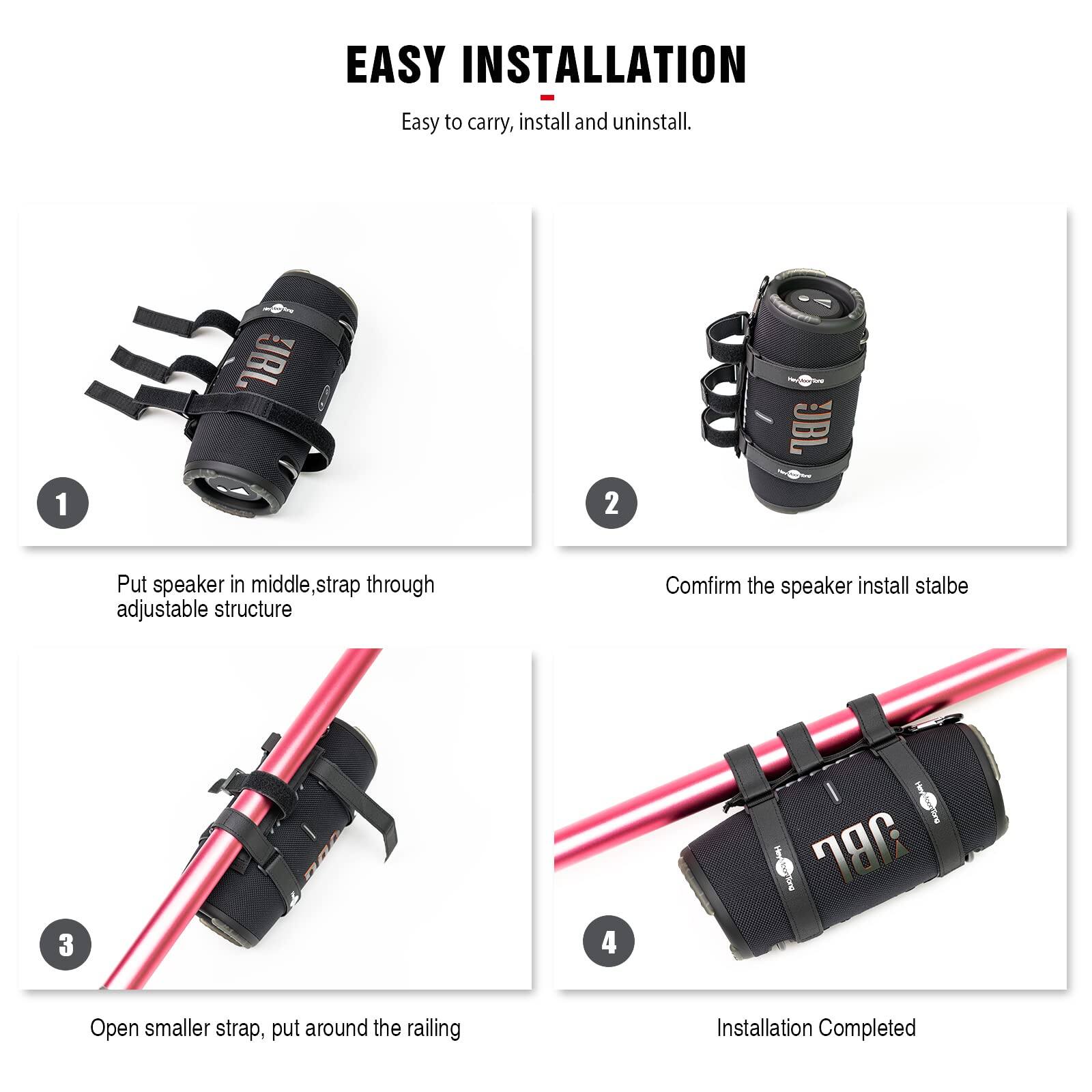 EASY INSTALLATION  
Easy to carry, install and uninstall.

1. Put speaker in middle, strap through adjustable structure
2. Confirm the speaker install stable
3. Open smaller strap, put around the railing
4. Installation Completed