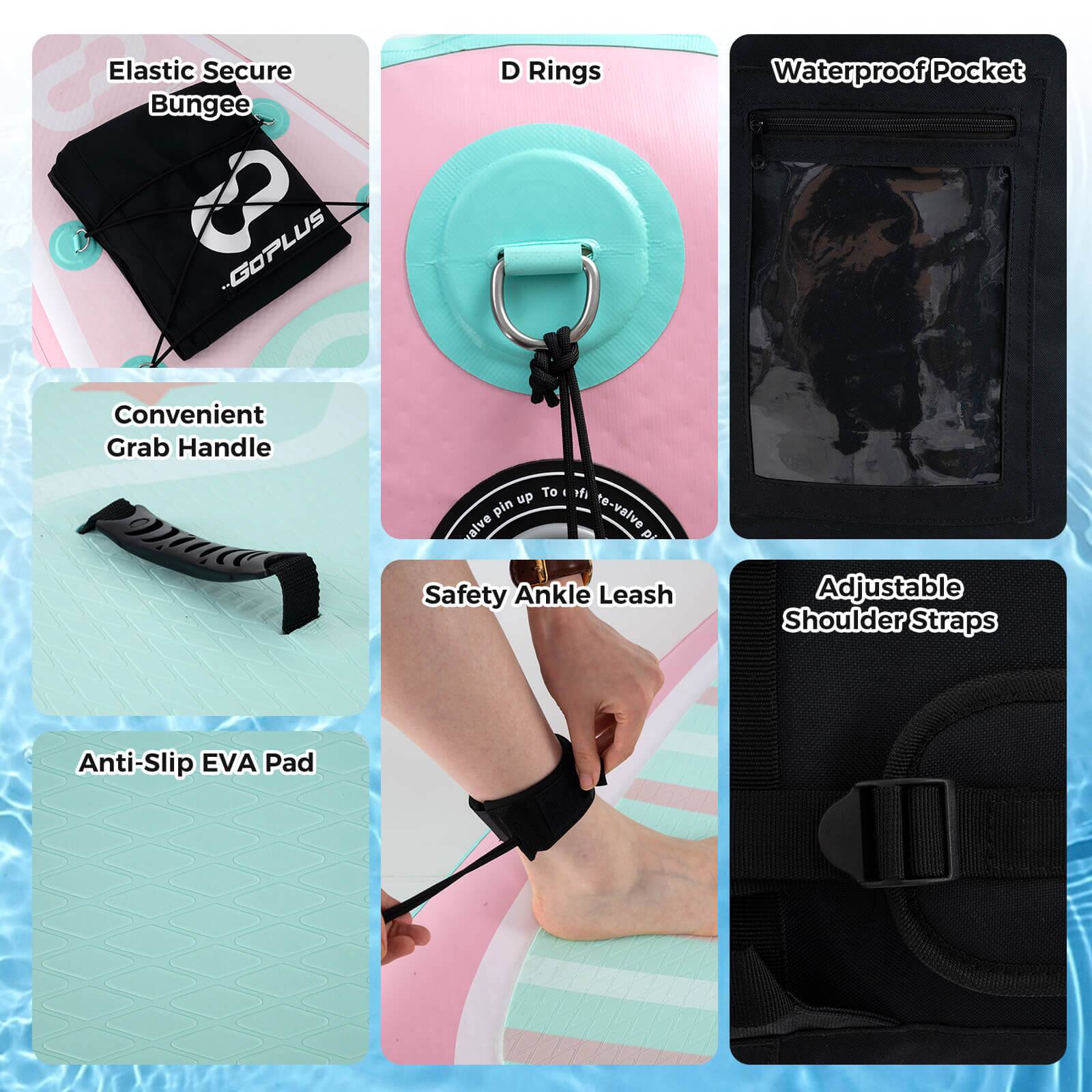 Elastic Secure Bungee  
D Rings  
Waterproof Pocket  
Convenient Grab Handle  
Safety Ankle Leash  
Adjustable Shoulder Straps  
Anti-Slip EVA Pad