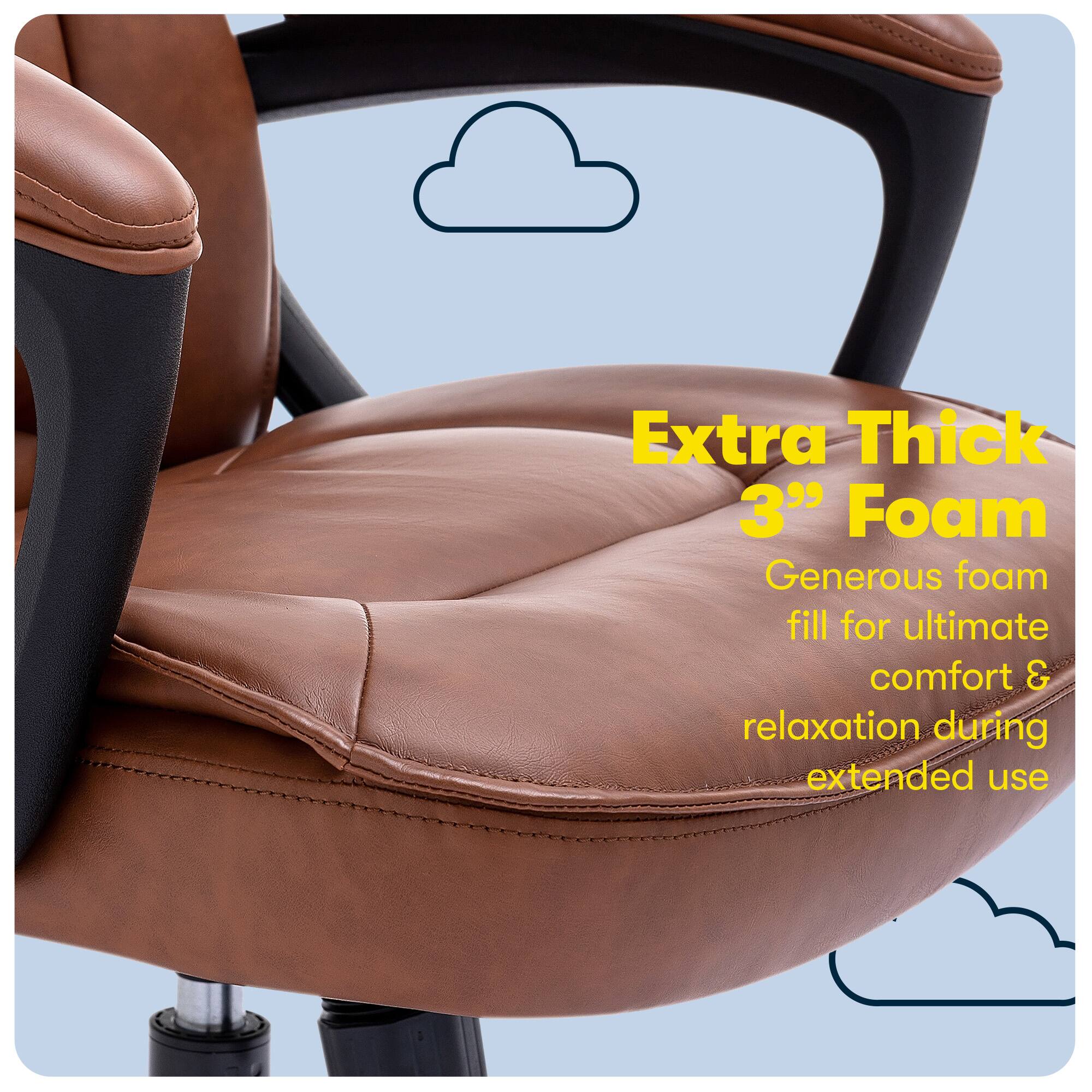 The image features a brown leather office chair with a thick cushion and a cloudy blue background. The chair is described as having extra thick 3" foam, which provides generous comfort and relaxation during extended use.