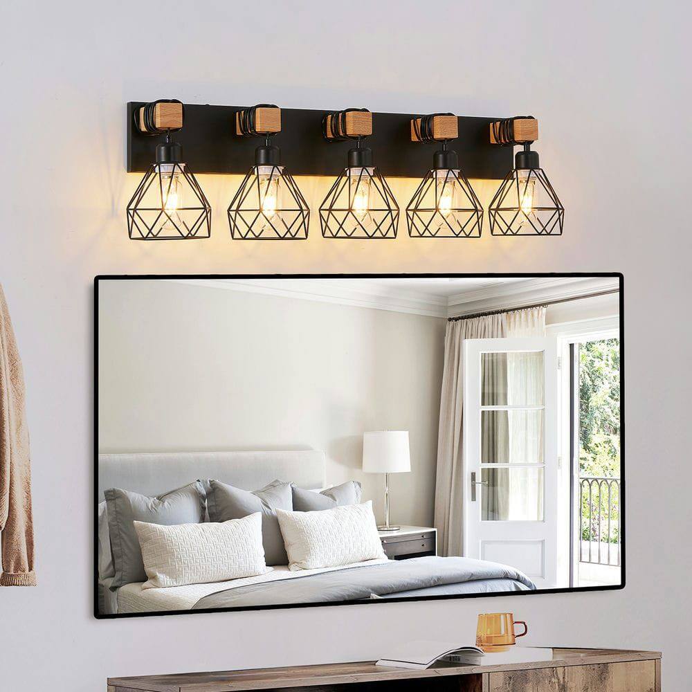 Alt View 5. Kadyn - 31" Modern Geometric 5-Light Vanity Light Fixture with Black Metal, Wooden Accents and Cage Lampshade, Black - Black.