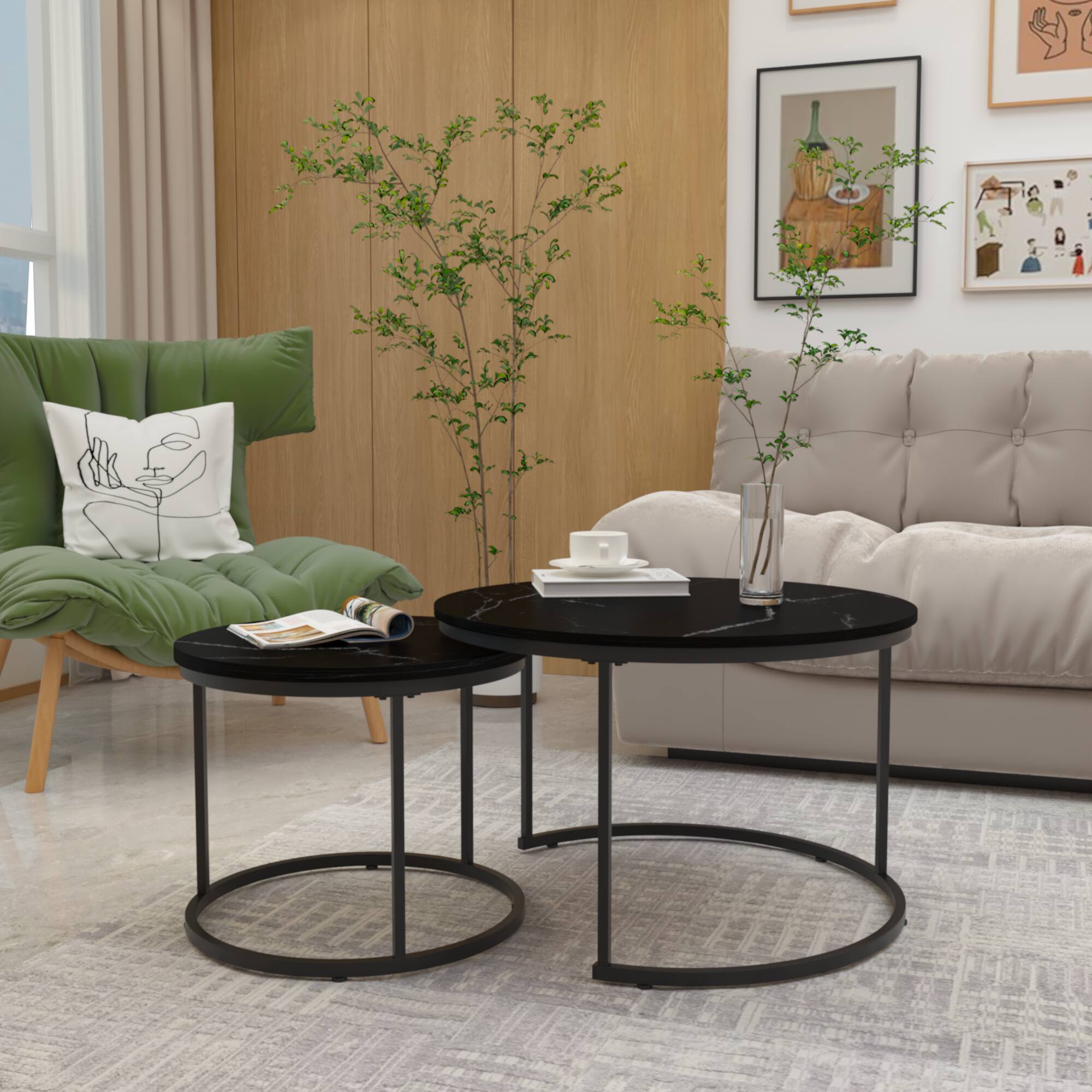 Alt View 7. Ecooso - Nesting Coffee Table Set of 2, 27.6" Round Wood Marble Pattern Top with Metal Frame, Side Tables for Living Room - Black.