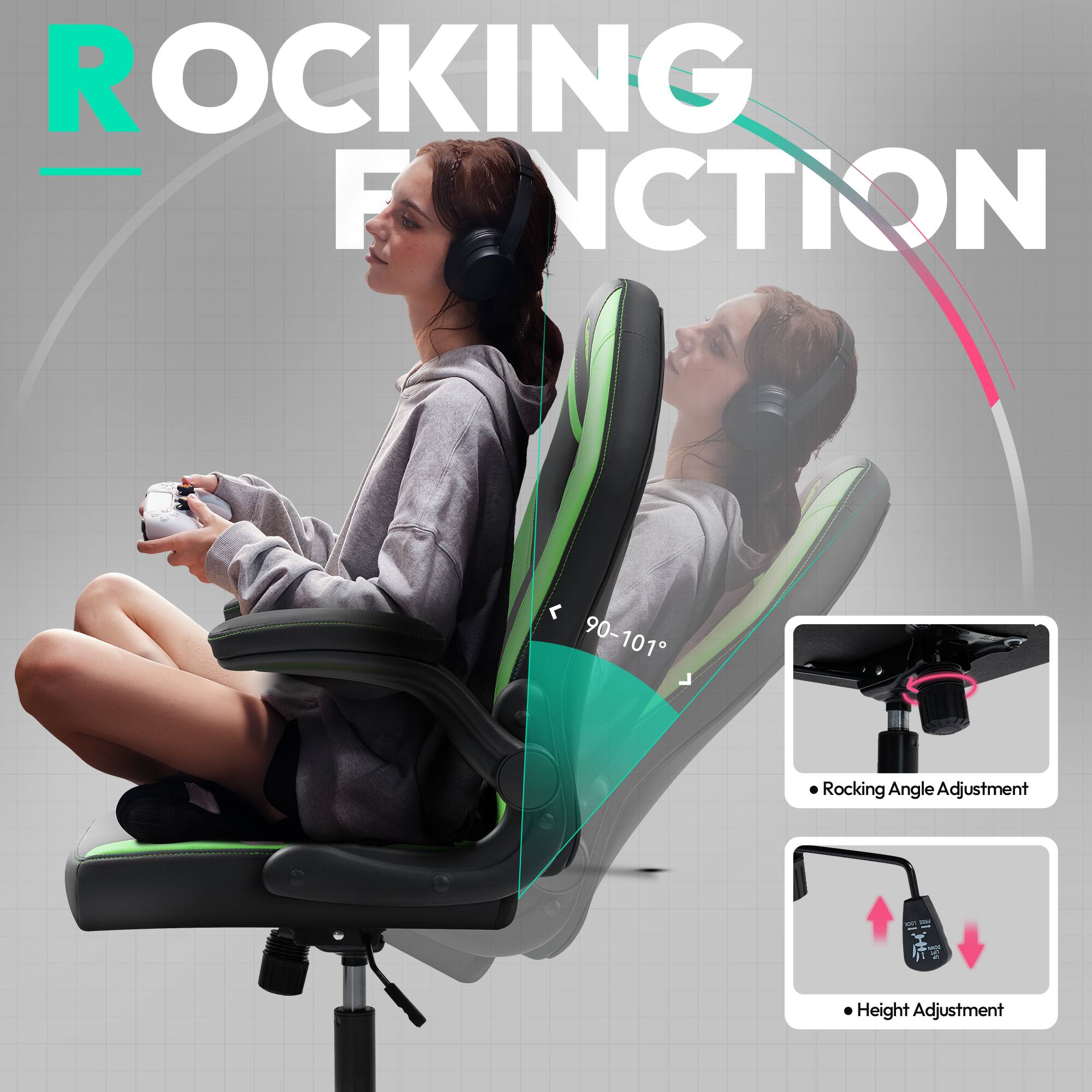 ROCKING FUNCTION

- Rocking Angle Adjustment: 90-101°
- Height Adjustment