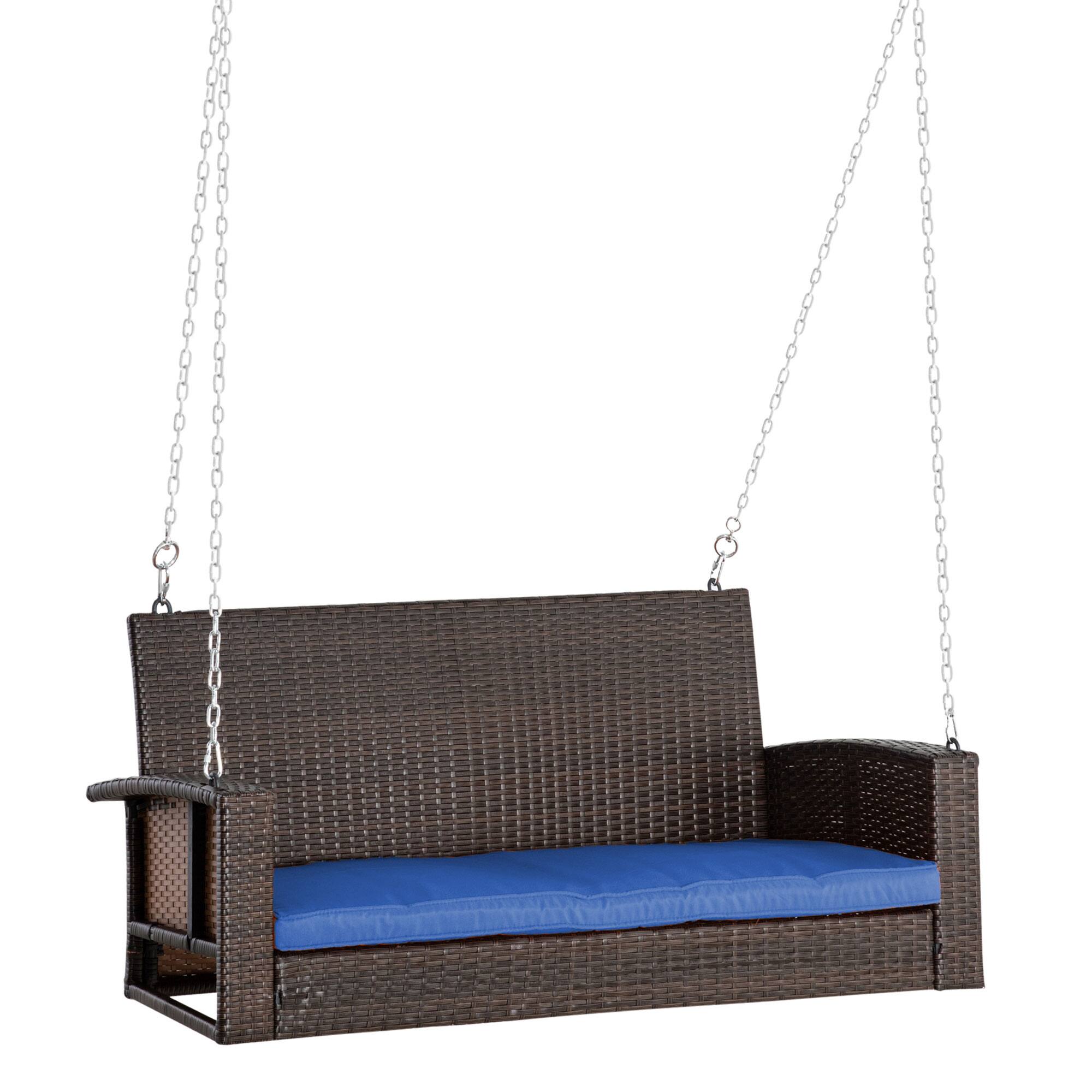 Front. Tiramisubest - 2 Person Wicker Hanging Swing Bench,Front Porch Swing Outdoor Chair with Cushions for Backyard,Garden - Blue.