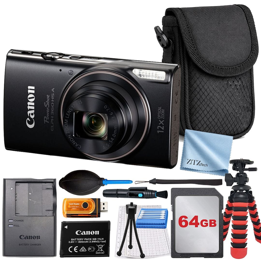 Canon - PowerShot ELPH 360 HS A Camera with 64GB Memory Card + ZeeTech Bundle - Black